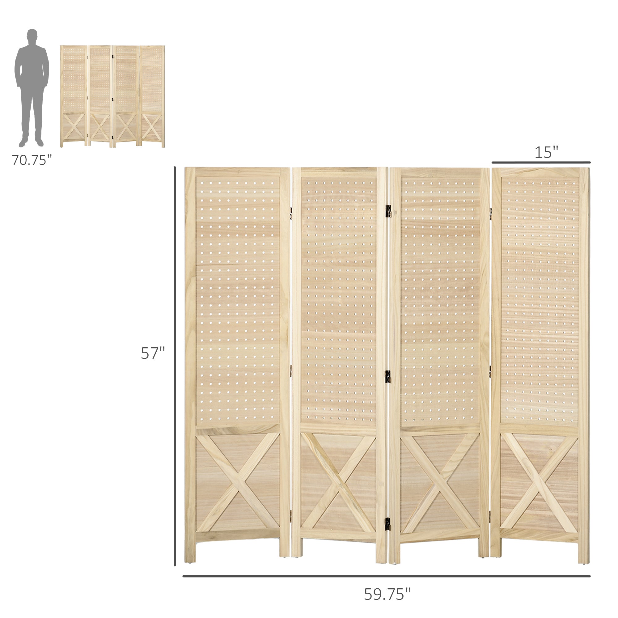 4 Panel Pegboard Display Room Divider, 4.7' Tall Wood Privacy Screen, Natural