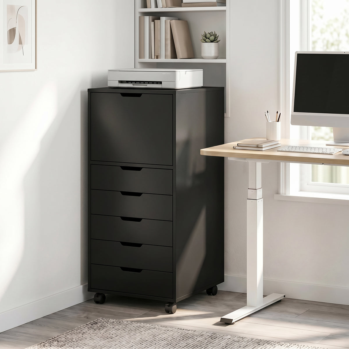 5 Drawer Vertical File Cabinet with Lockable Wheels and Soft-Close Cabinet, Mobile Filing Cabinet for Home Office, Rolling Printer Stand for A4 Letter-Size Documents, Black