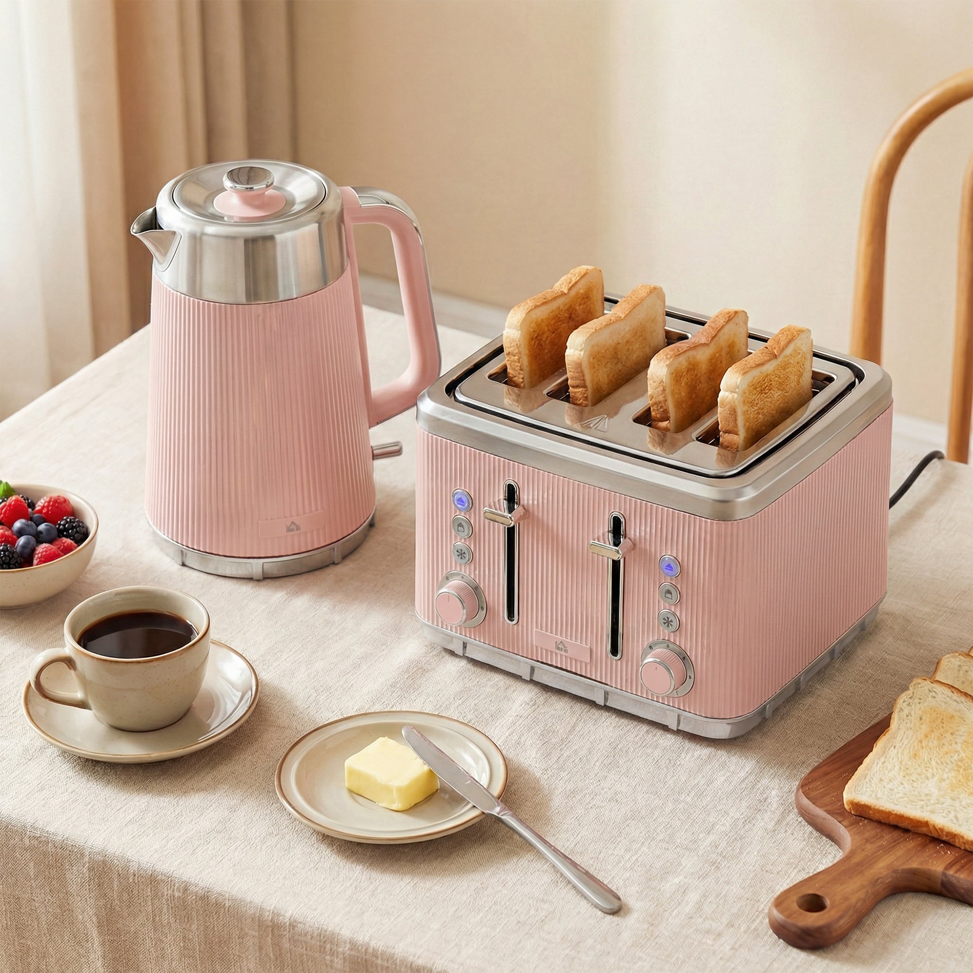 Electric Stainless Steel Kettle and Toaster Set, 3000W 1.7L UK Strix Thermostat Fast Boil Kettle w/ Limescale Filter, Cool Touch Body, 4 Slice Toaster with 7 Browning Levels, Crumb Tray, Pink