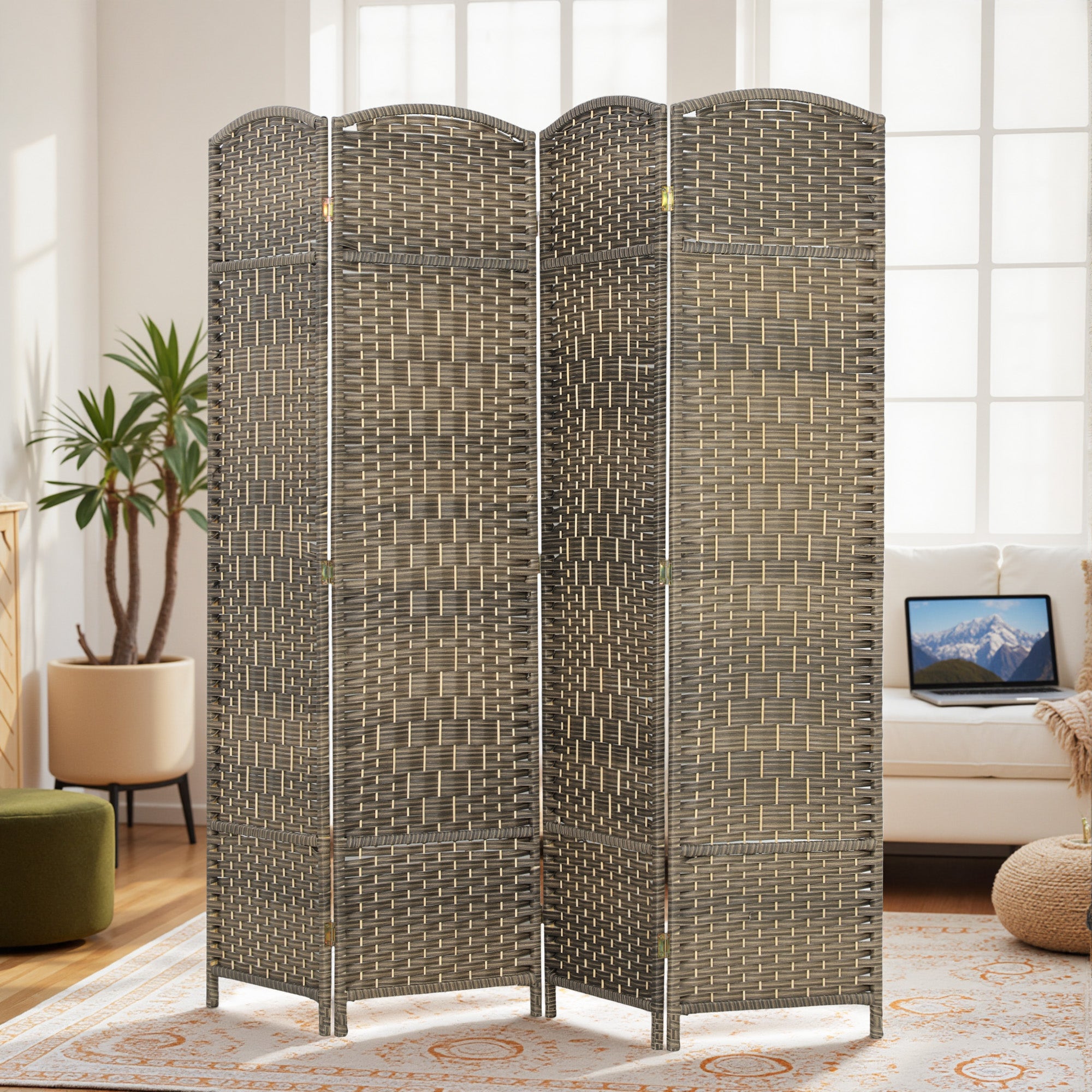 4 Panel Room Divider, 6' Tall Folding Privacy Screen, Hand-Woven Freestanding Wall Partition for Home Office, Bedroom, Dark Rustic Oak