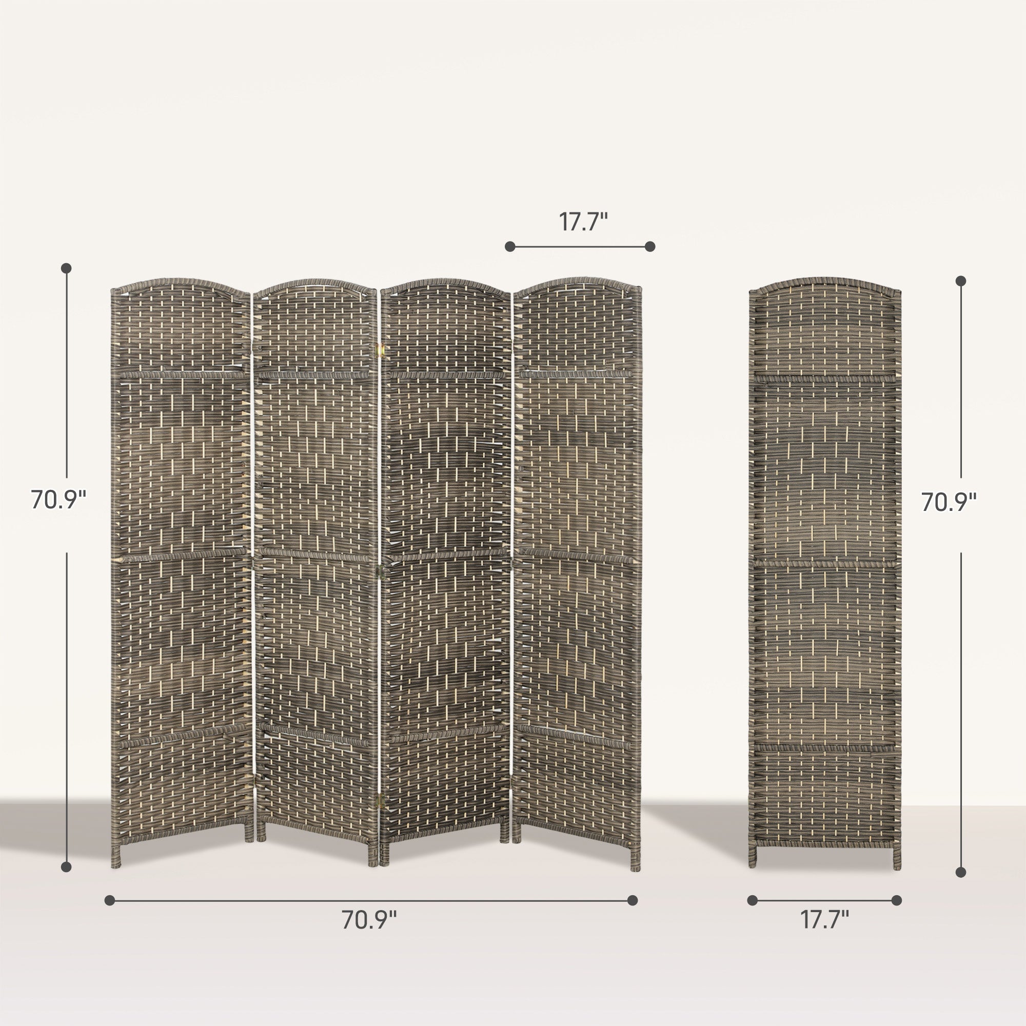 4 Panel Room Divider, 6' Tall Folding Privacy Screen, Hand-Woven Freestanding Wall Partition for Home Office, Bedroom, Dark Rustic Oak