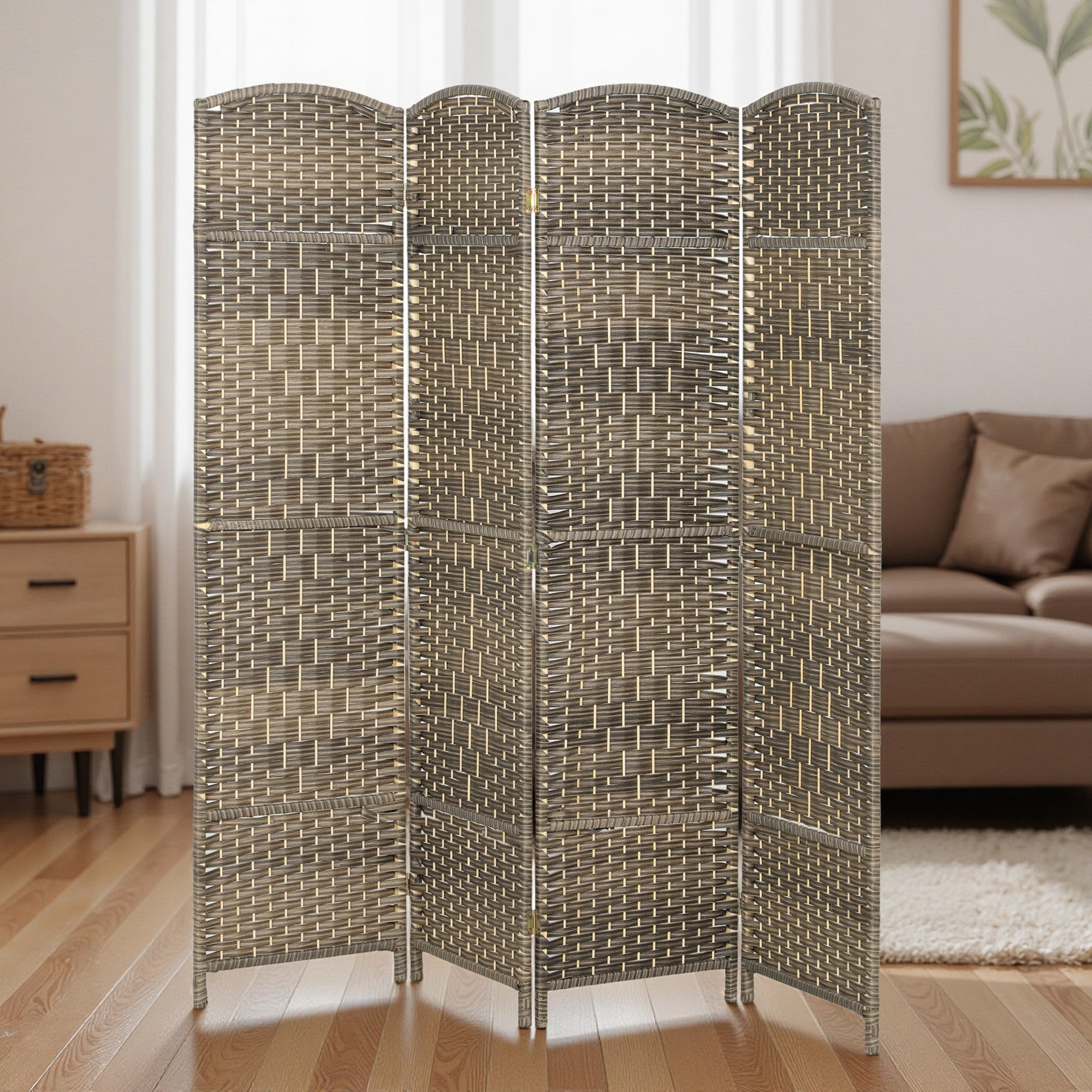 4 Panel Room Divider, 6' Tall Folding Privacy Screen, Hand-Woven Freestanding Wall Partition for Home Office, Bedroom, Dark Rustic Oak