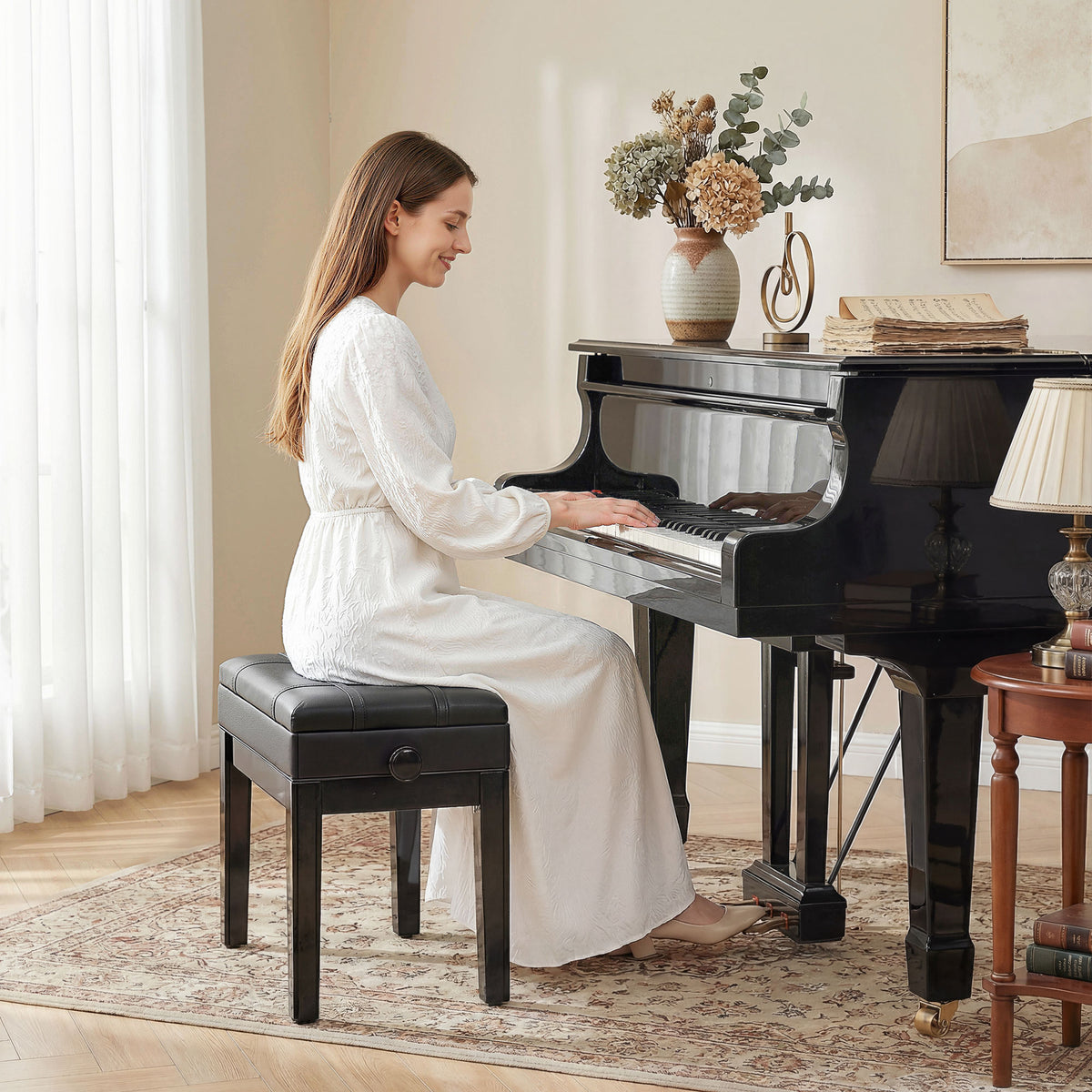 24.8" Adjustable Piano Bench with Padded Cushion and Storage, Faux Leather Keyboard Bench with Solid Wood Legs, Black