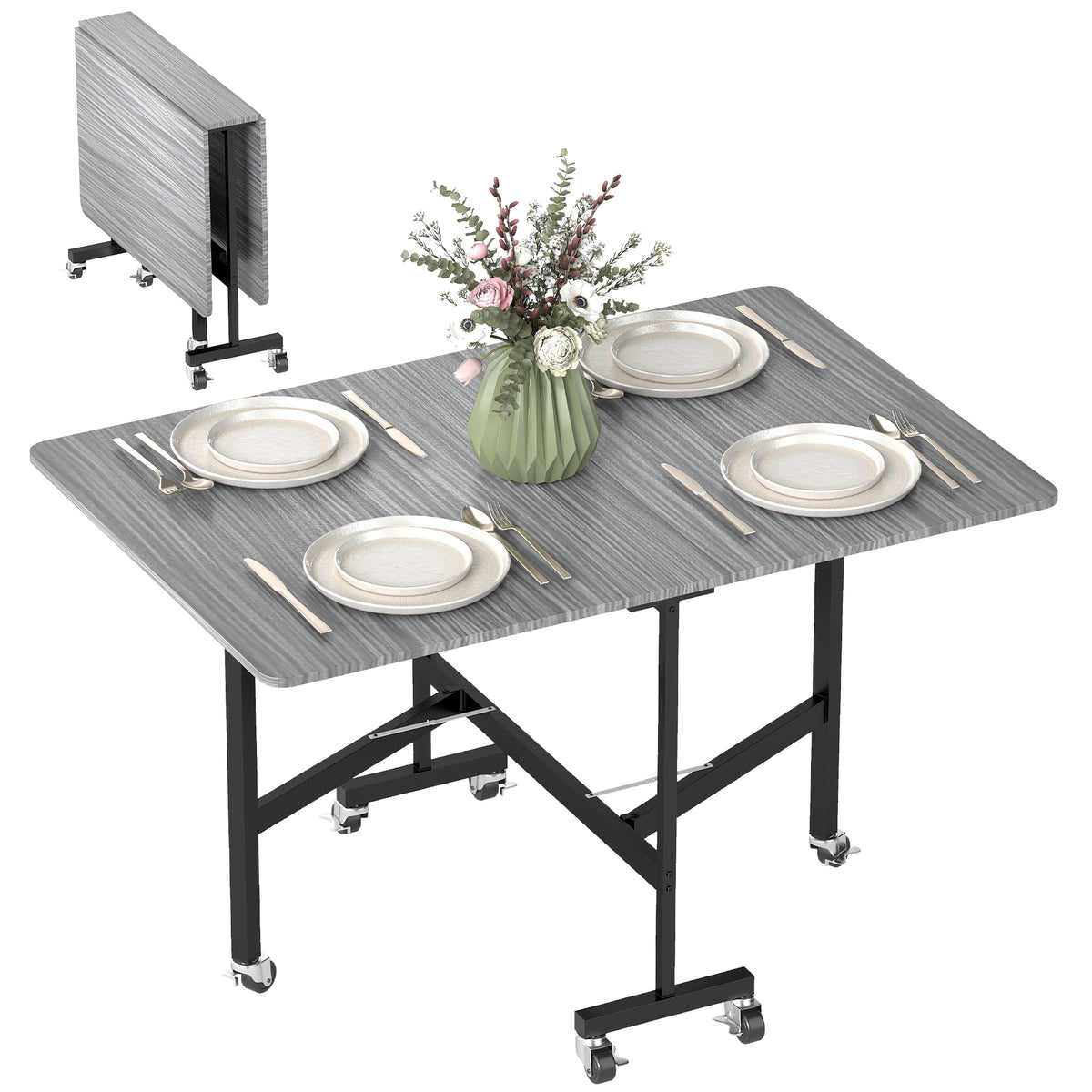 Mobile Drop Leaf Table, Folding Dining Table with 6 Wheels & Brakes, Rolling Kitchen Table for Small Spaces, 47.2", Grey