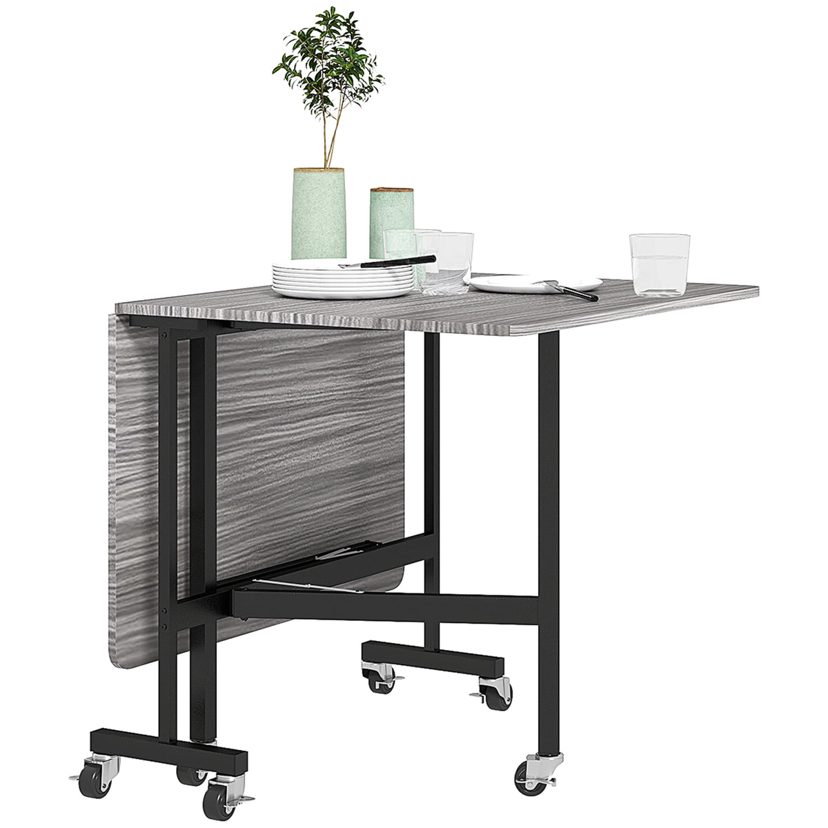 Mobile Drop Leaf Table, Folding Dining Table with 6 Wheels & Brakes, Rolling Kitchen Table for Small Spaces, 47.2", Grey