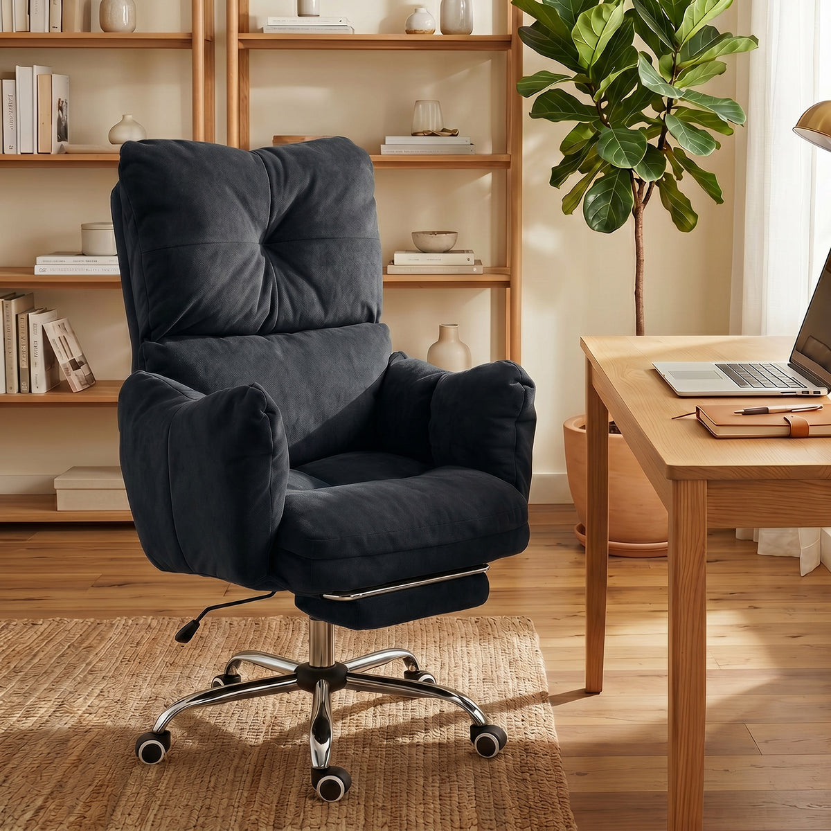 Office Chair with Foot Rest, Ergonomic Reclining Computer Gaming Chair with Snow Flannel Fabric, Thick Cushion, Padded Armrest, High Back and Adjustable Height, Black