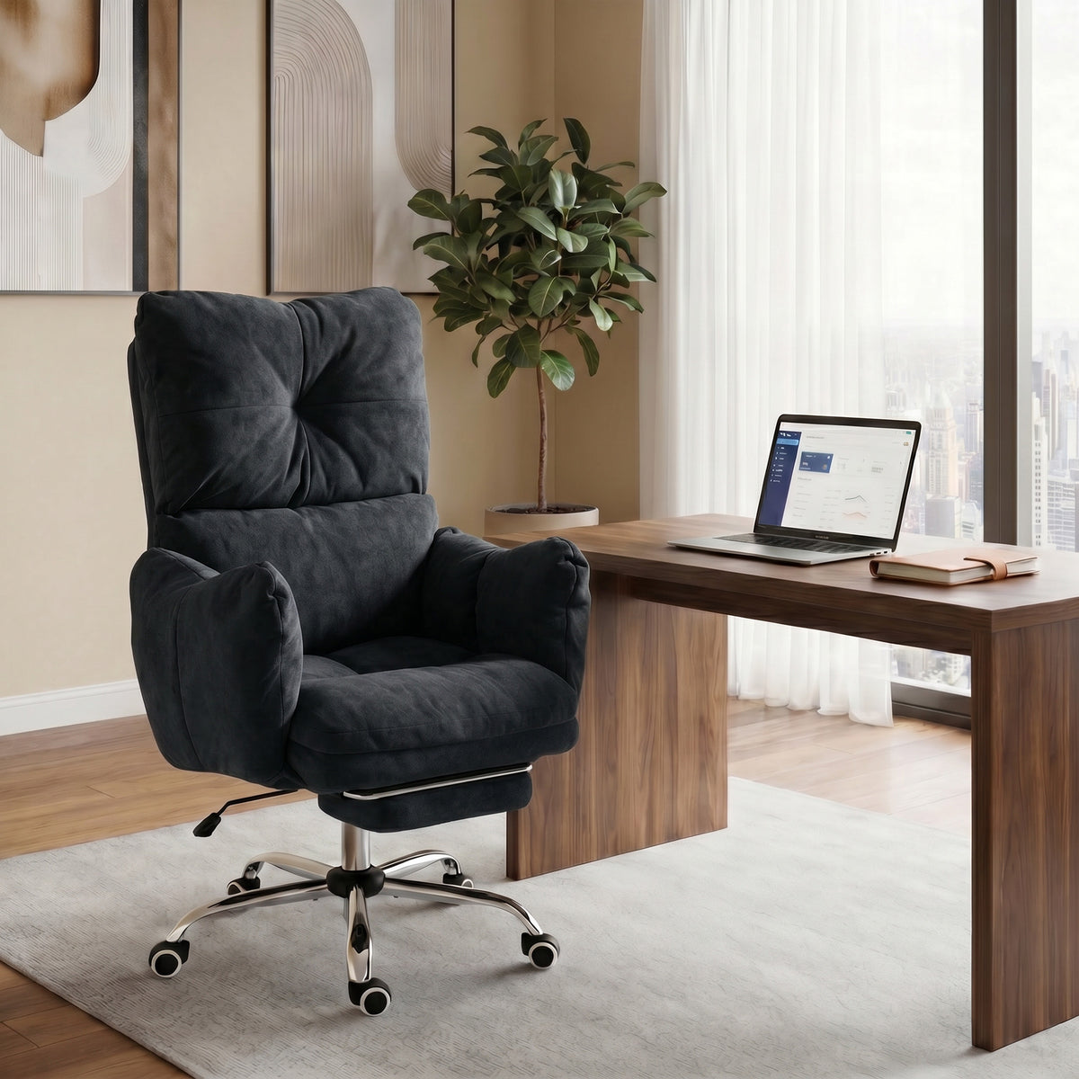 Office Chair with Foot Rest, Ergonomic Reclining Computer Gaming Chair with Snow Flannel Fabric, Thick Cushion, Padded Armrest, High Back and Adjustable Height, Black