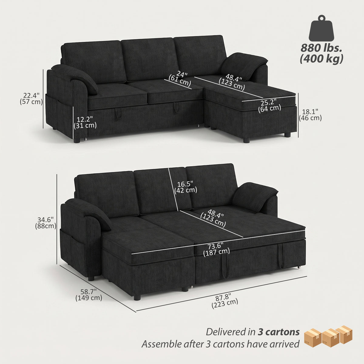Sectional Sofa Bed, L-Shaped Sleeper Sofa with Reversible Pull Out Couch Bed, Storage Ottoman, Side Pockets, Cushions, Chenille Fabric, Black
