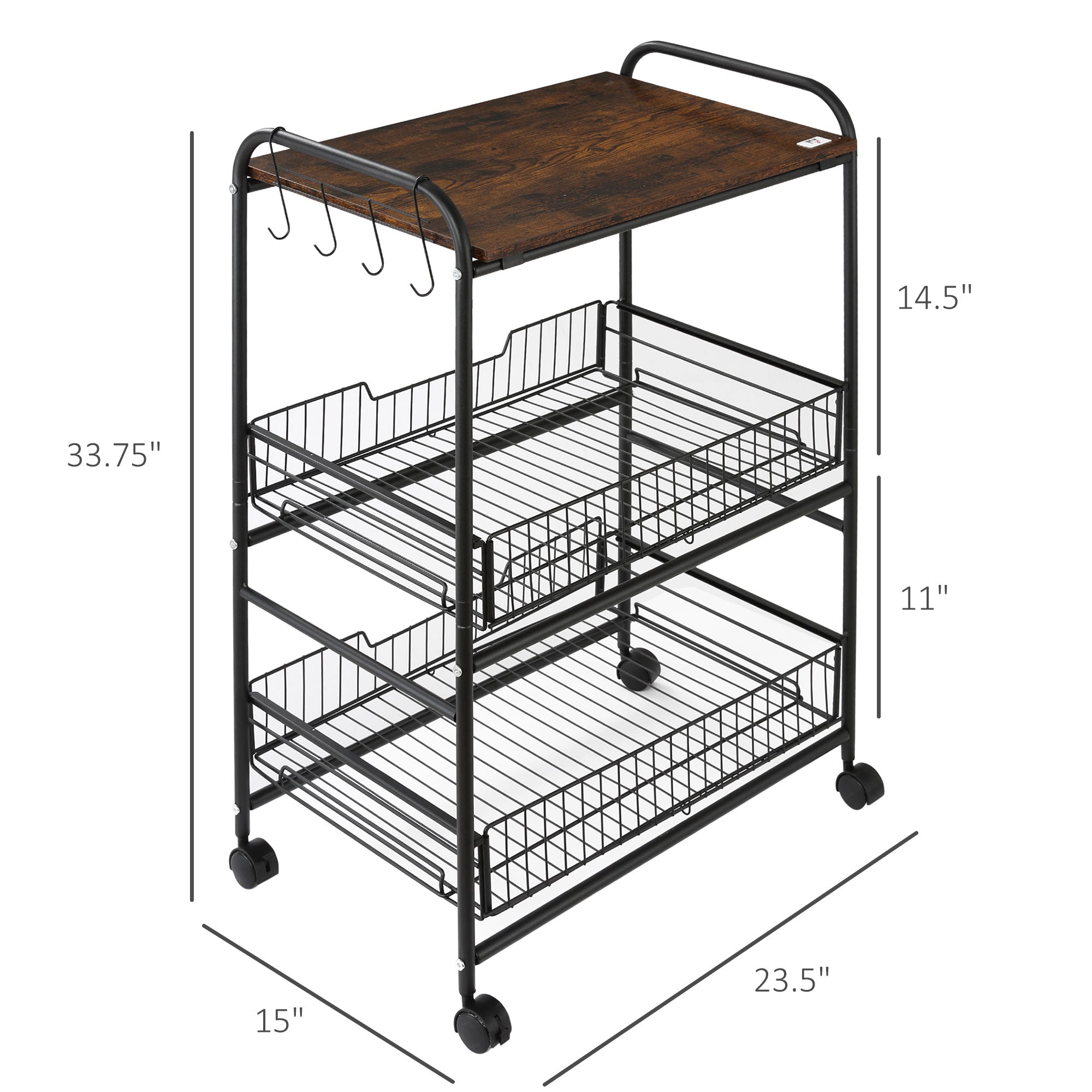 3-Tier Rolling Kitchen Cart with Storage, 2 Sliding Fruit Baskets & Side Hooks, Brown