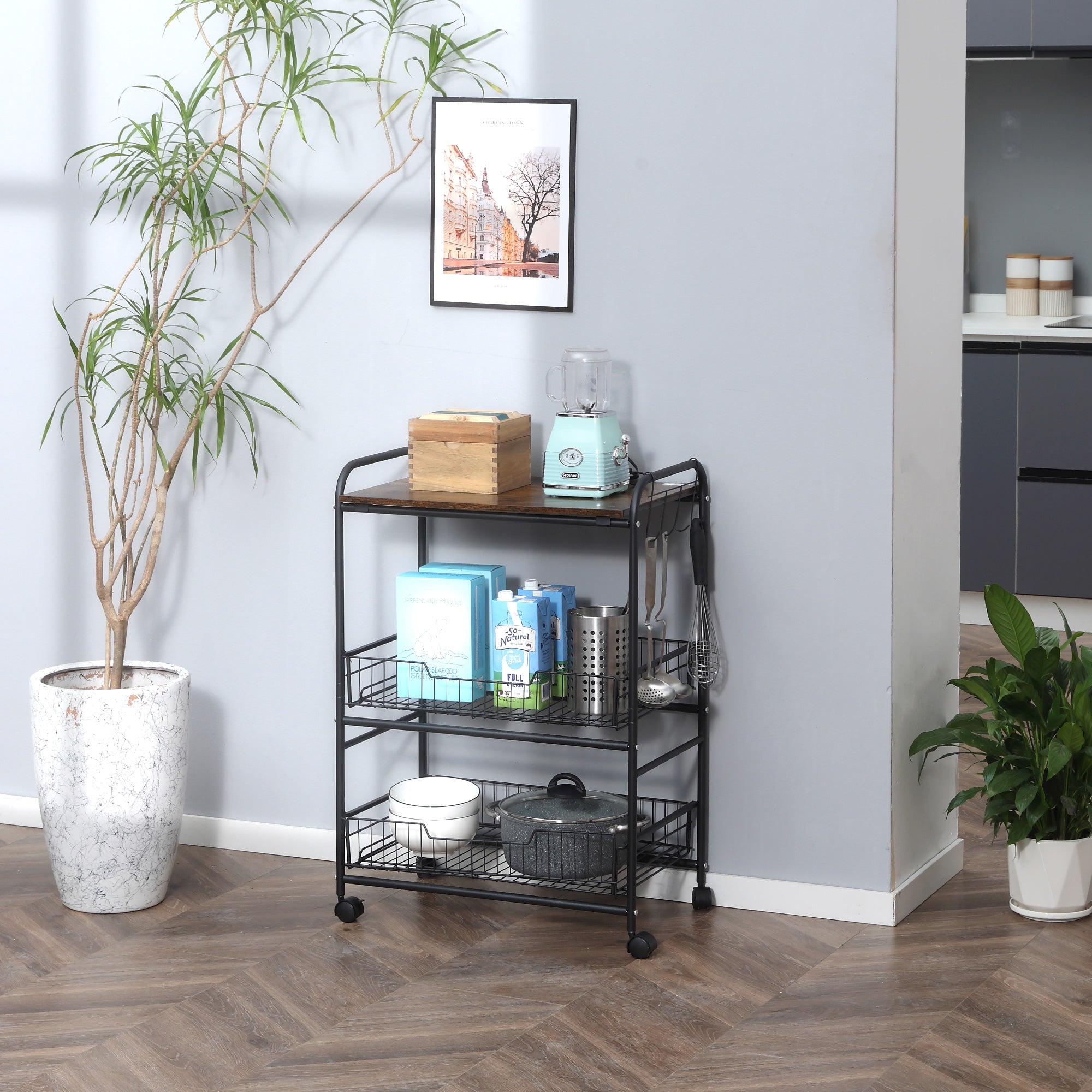 3-Tier Rolling Kitchen Cart with Storage, 2 Sliding Fruit Baskets & Side Hooks, Brown