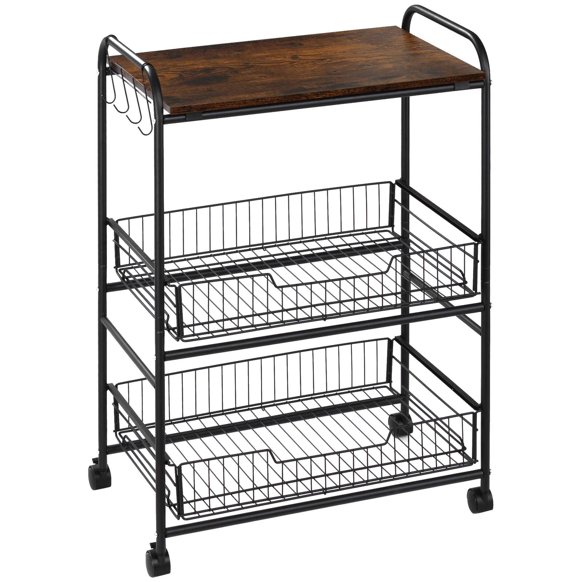 3-Tier Rolling Kitchen Cart with Storage, 2 Sliding Fruit Baskets & Side Hooks, Brown