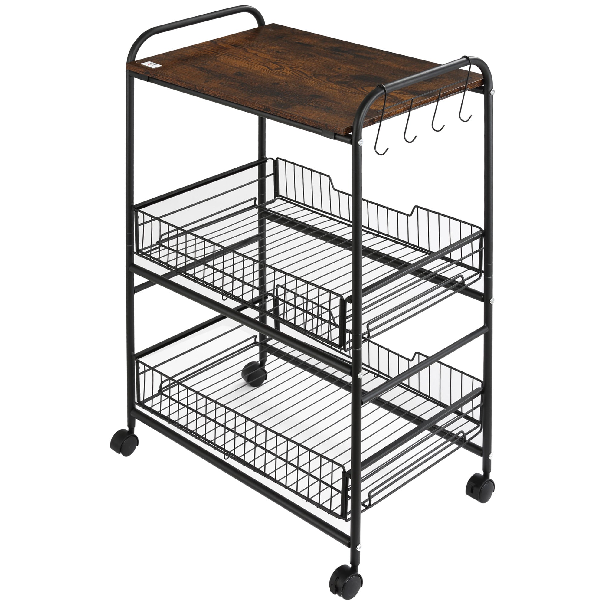 3-Tier Rolling Kitchen Cart with Storage, 2 Sliding Fruit Baskets & Side Hooks, Brown