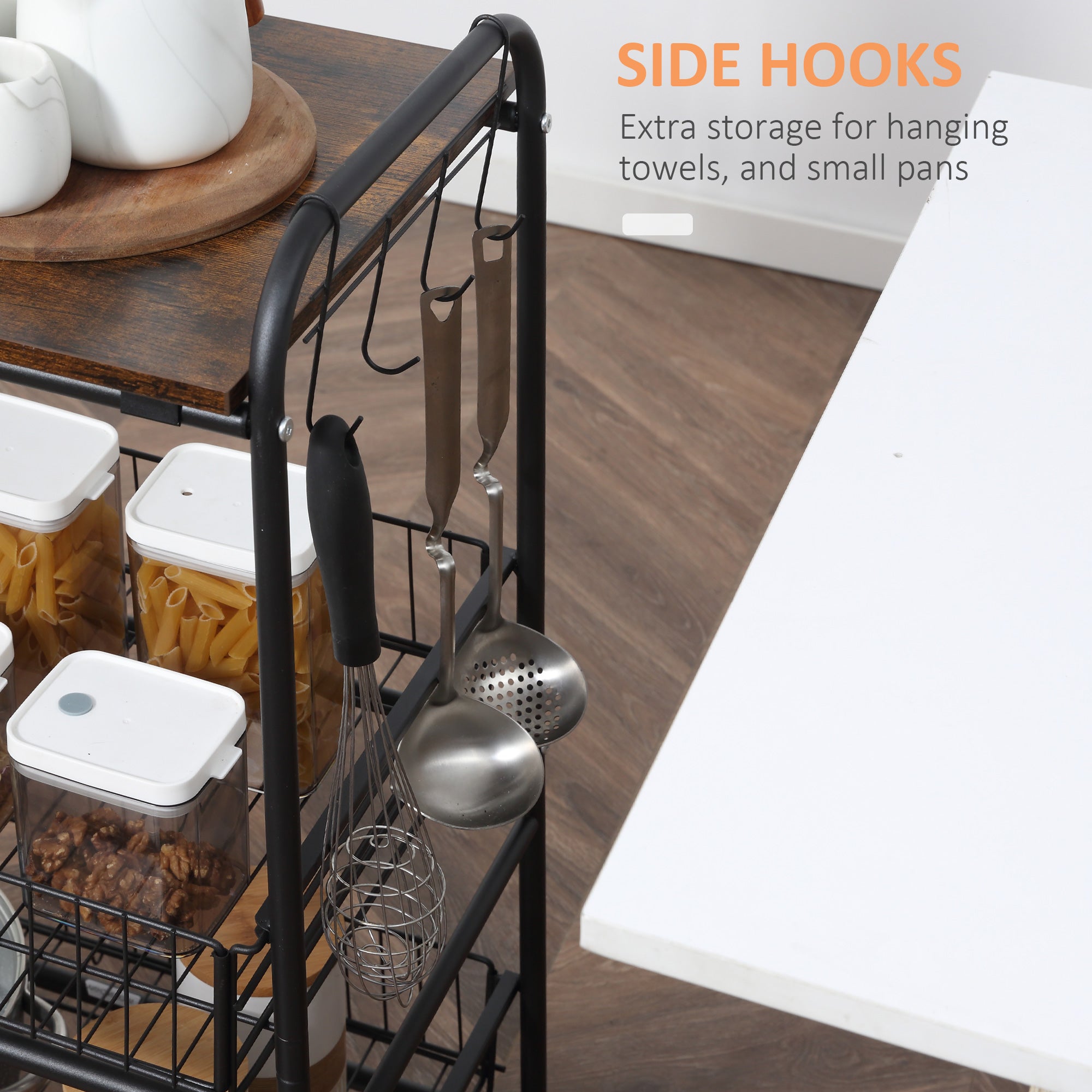 3-Tier Rolling Kitchen Cart with Storage, 2 Sliding Fruit Baskets & Side Hooks, Brown