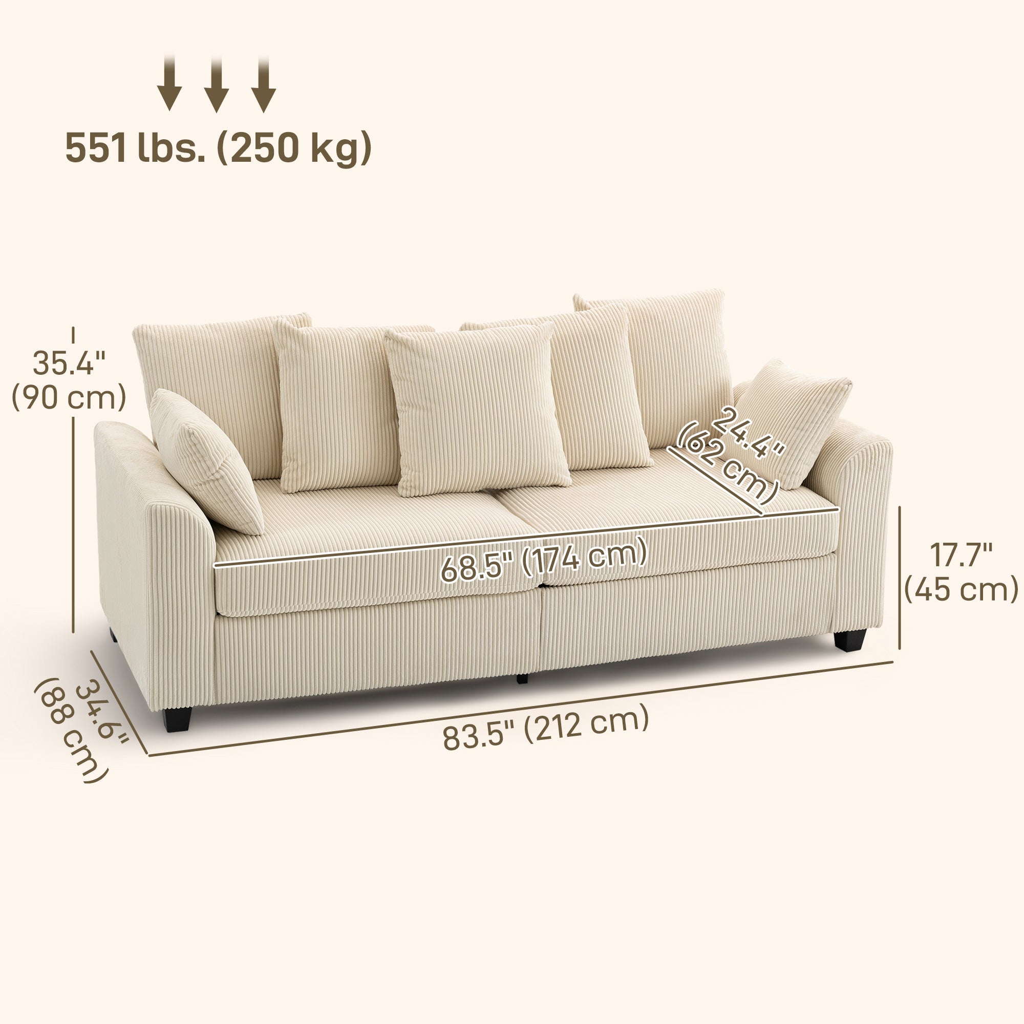 3 Seater Sofa with Curved Armrests, 83" Modern Upholstered Corduroy Couch with 8 Removable Pillows and Thick Padded for Living Room, Bedroom, Home Office, Beige