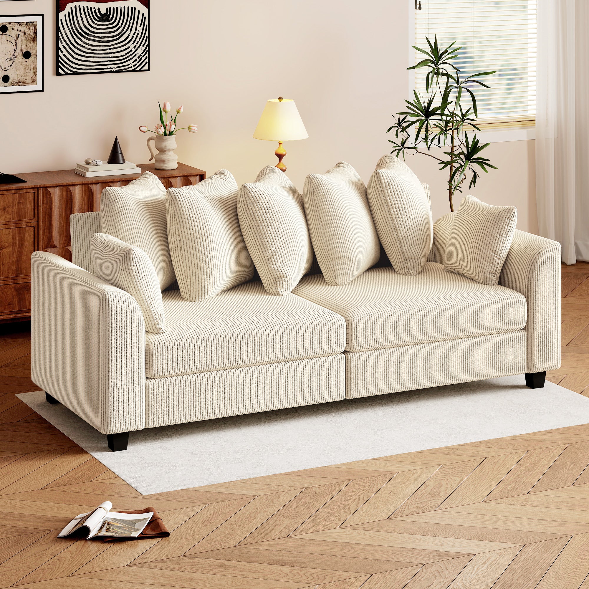 3 Seater Sofa with Curved Armrests, 83" Modern Upholstered Corduroy Couch with 8 Removable Pillows and Thick Padded for Living Room, Bedroom, Home Office, Beige