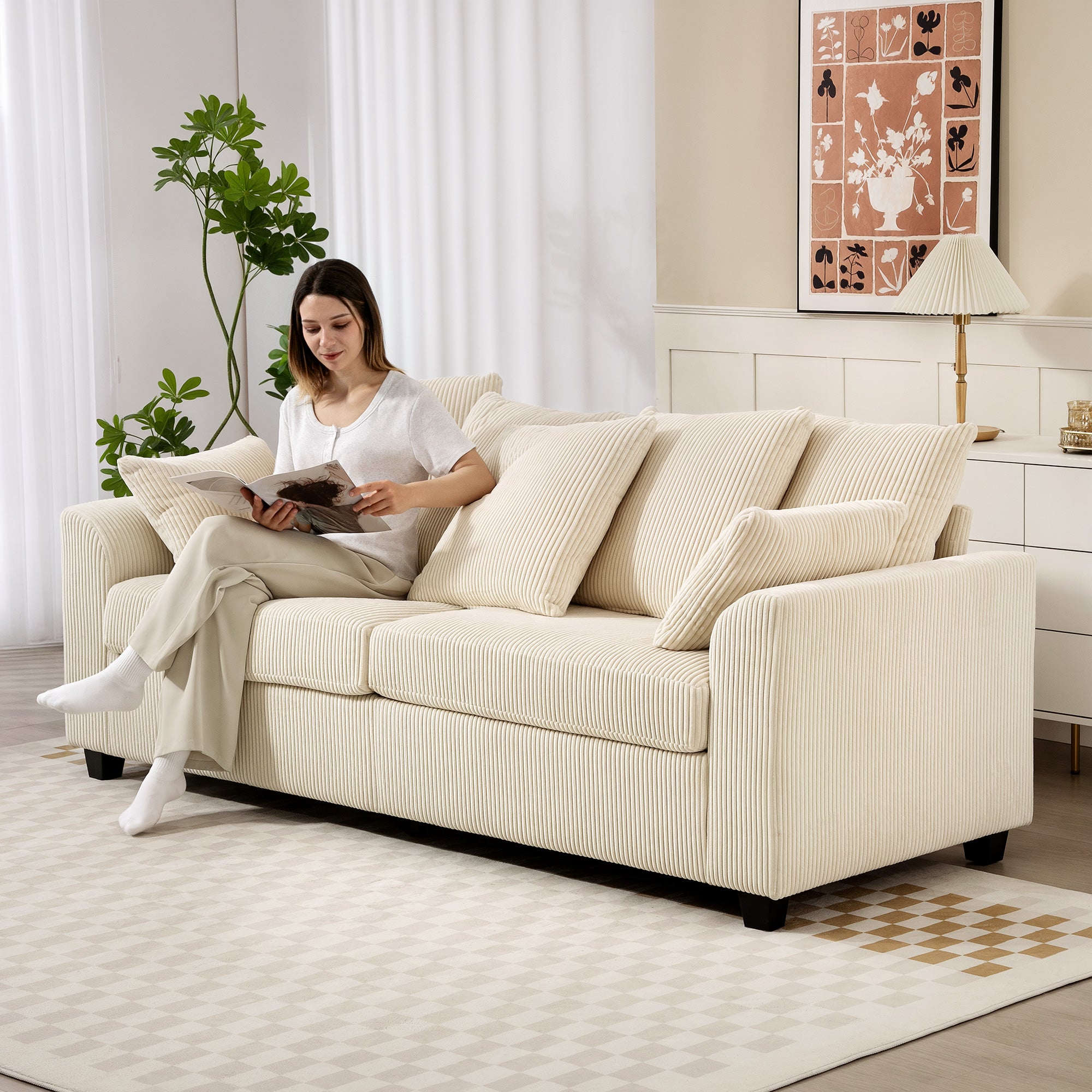 3 Seater Sofa with Curved Armrests, 83" Modern Upholstered Corduroy Couch with 8 Removable Pillows and Thick Padded for Living Room, Bedroom, Home Office, Beige