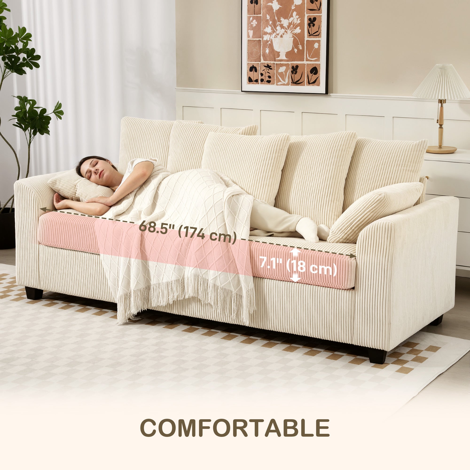 3 Seater Sofa with Curved Armrests, 83" Modern Upholstered Corduroy Couch with 8 Removable Pillows and Thick Padded for Living Room, Bedroom, Home Office, Beige