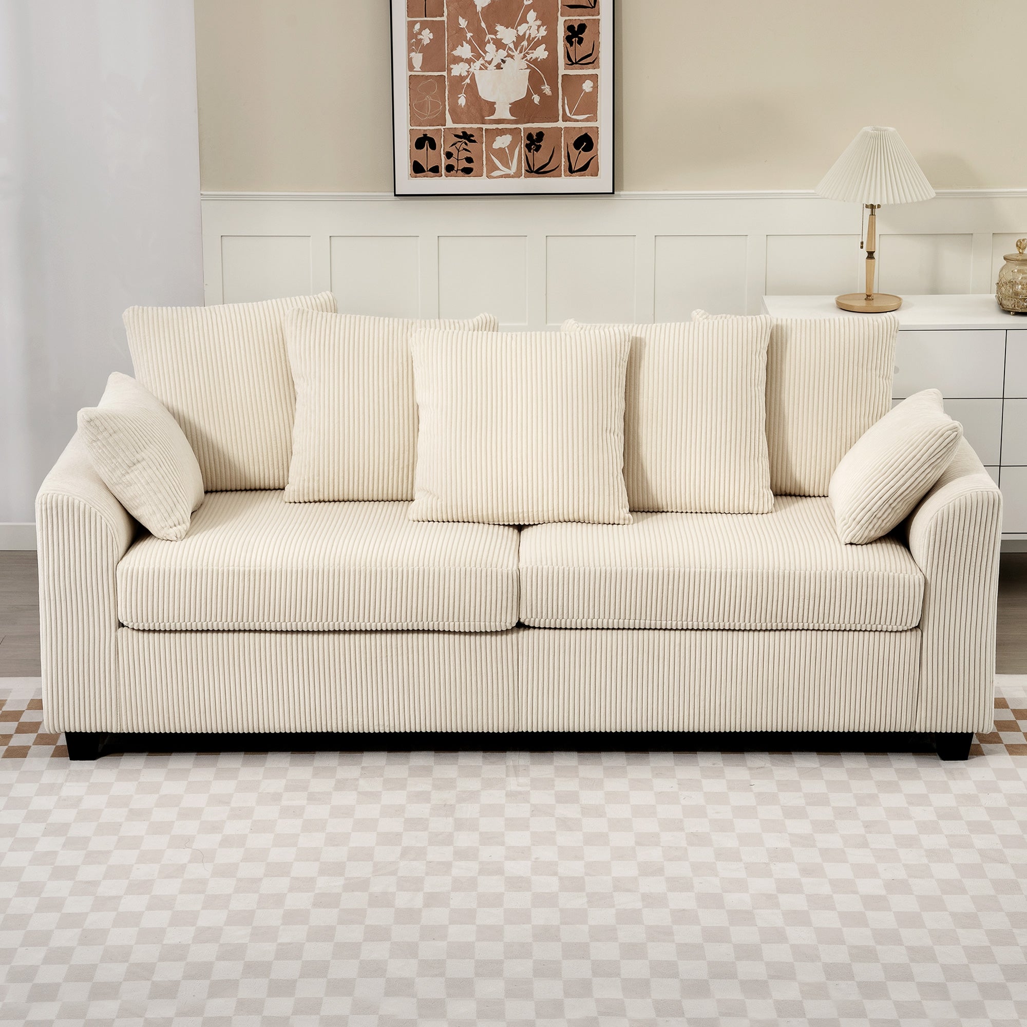 3 Seater Sofa with Curved Armrests, 83" Modern Upholstered Corduroy Couch with 8 Removable Pillows and Thick Padded for Living Room, Bedroom, Home Office, Beige