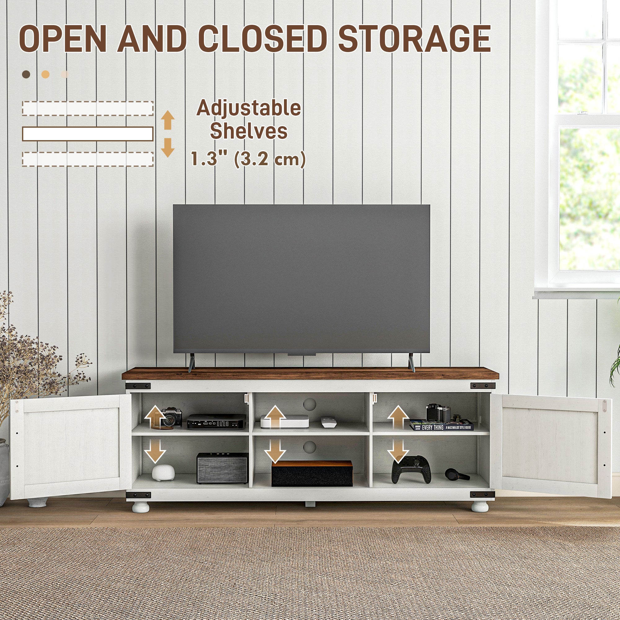 HOMCOM TV Stand for up to 65" TV, Modern Farmhouse Entertainment Center with 2 Cable Holes, TV Console Table with 2 Adjustable Shelves for Living Room, Distressed White