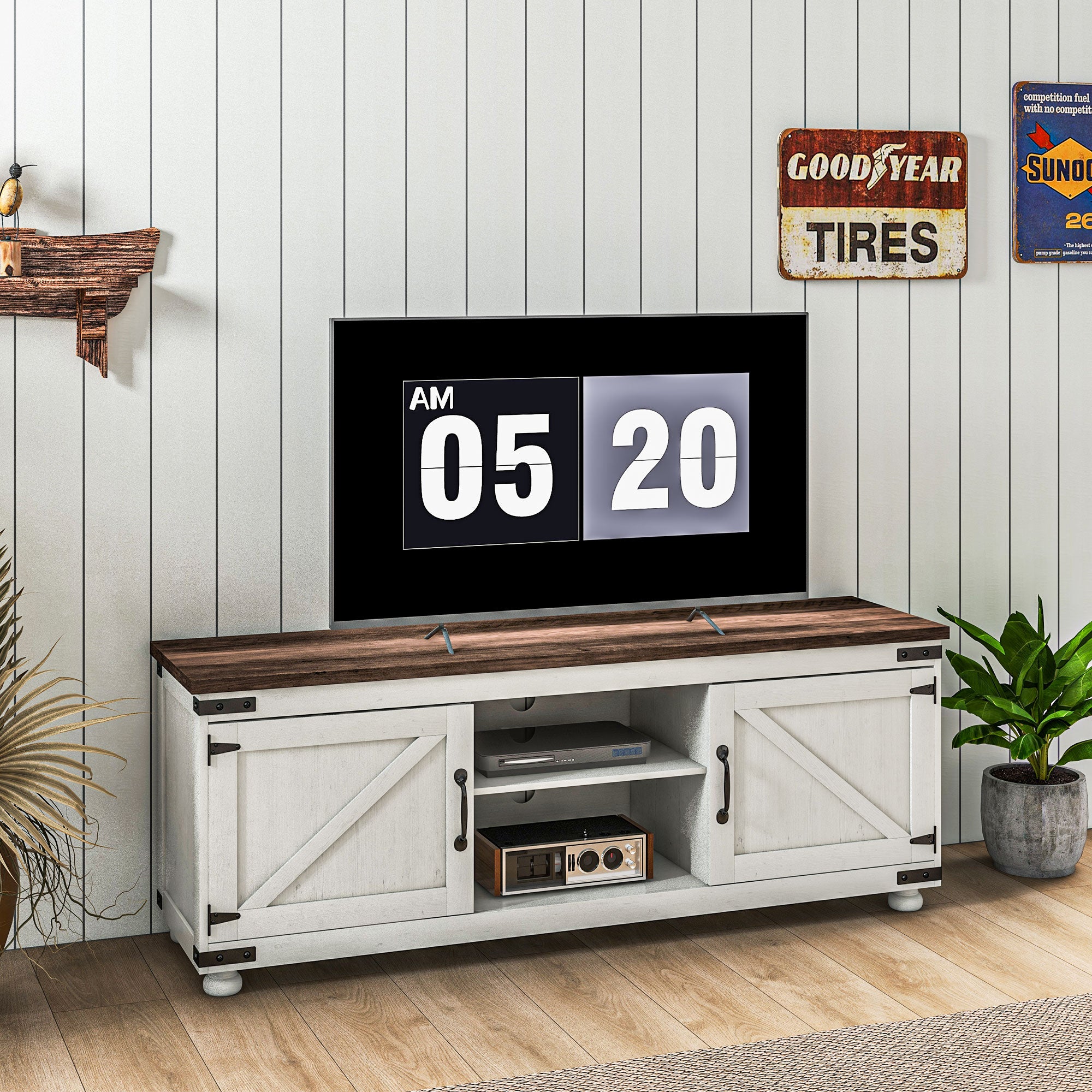 HOMCOM TV Stand for up to 65" TV, Modern Farmhouse Entertainment Center with 2 Cable Holes, TV Console Table with 2 Adjustable Shelves for Living Room, Distressed White