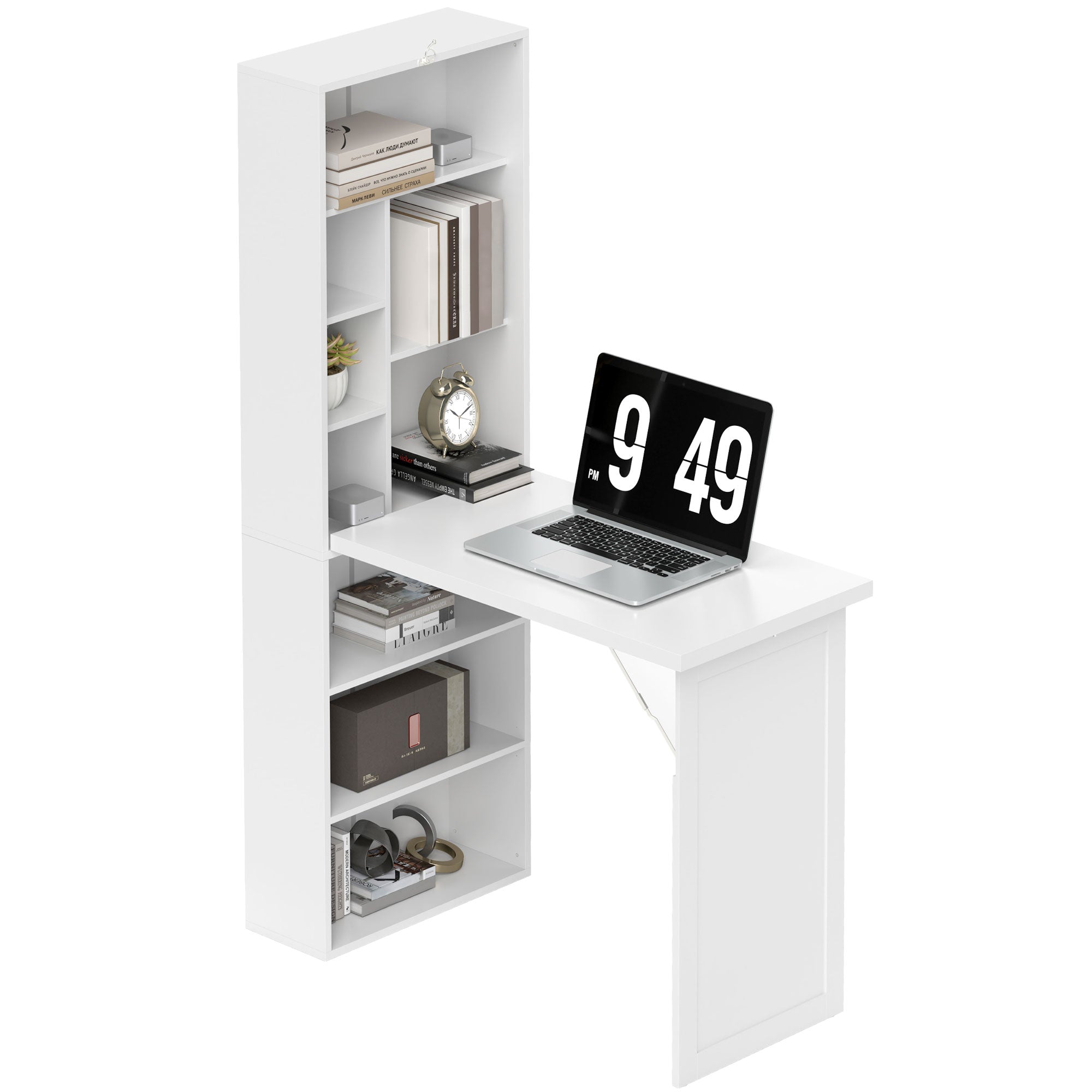 HOMCOM Wall Mounted Computer Desk, Folding Study Table with White Board and Bookshelf, Multifunctional Floating Writing Desk for Home Office, White