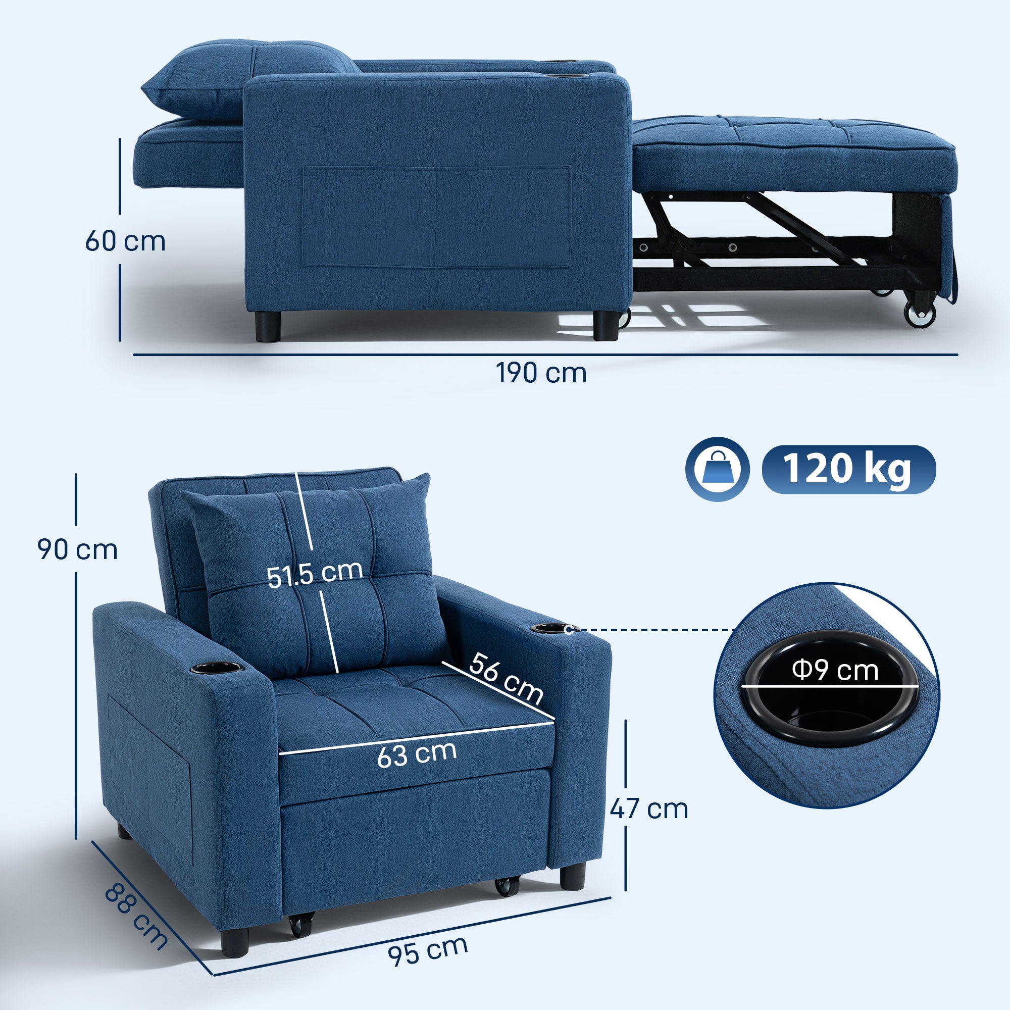 3-in-1 Single Sofa Bed, Convertible Sleeper Chair Bed with Adjustable Backrest, Fabric Pull Out Chair with Pillow, Side Pockets and Cup Holders for Living Room, Bedroom, Small Space, Dark Blue