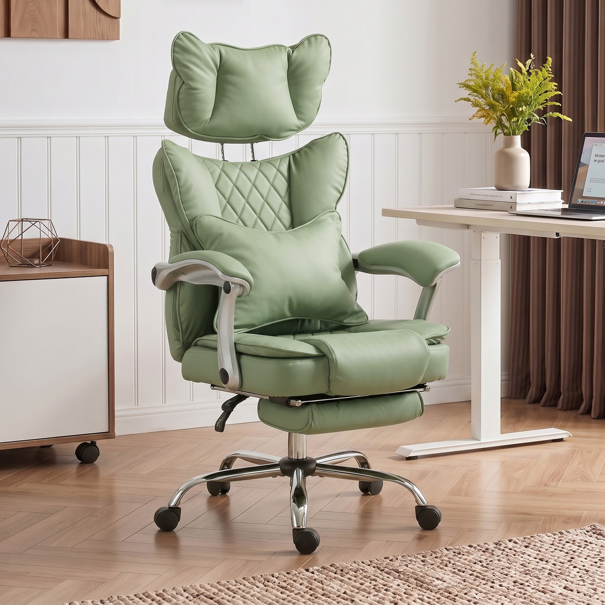Executive Office Chair, 180kg Big and Tall PU Leather Desk Chair with Adjustable Headrest, Lumbar Support, Wide Seat, Reclining Back, Footrest, Swivel Wheels, Light Green