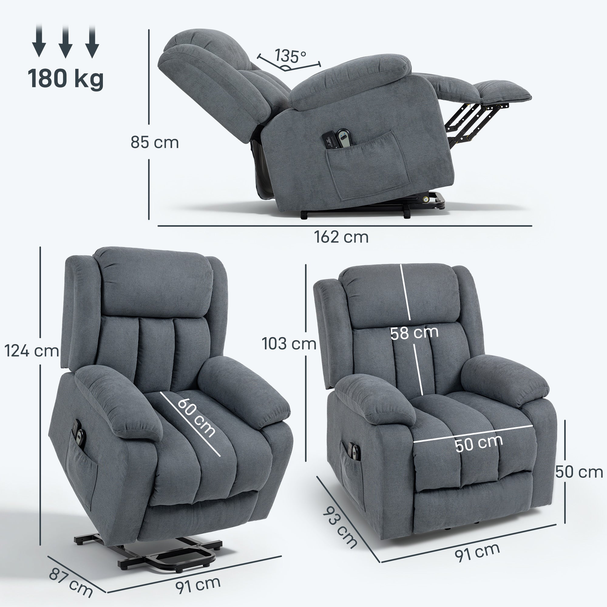 Power Lift Recliner Chair with Massage, Linen Overstuffed Lift Chair for Elderly, Electric Recliner Armchair with Footrest, Remote Control and Side Pocket, for Living Room, Grey