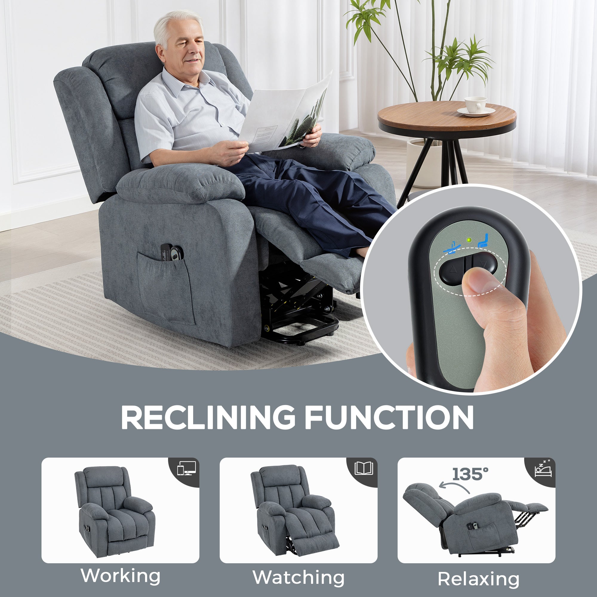 Power Lift Recliner Chair with Massage, Linen Overstuffed Lift Chair for Elderly, Electric Recliner Armchair with Footrest, Remote Control and Side Pocket, for Living Room, Grey