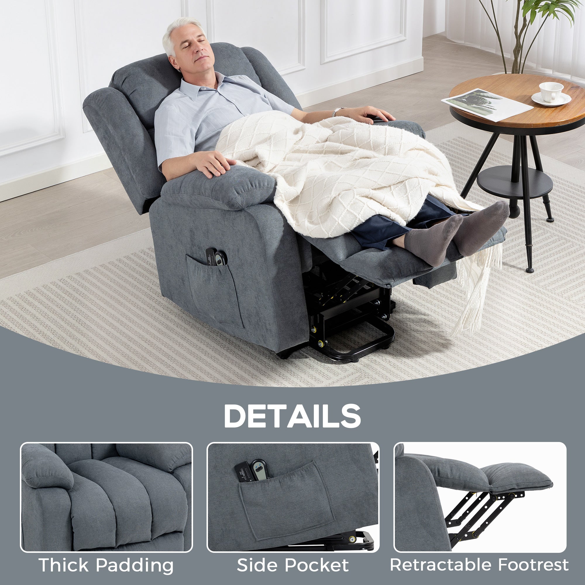 Power Lift Recliner Chair with Massage, Linen Overstuffed Lift Chair for Elderly, Electric Recliner Armchair with Footrest, Remote Control and Side Pocket, for Living Room, Grey