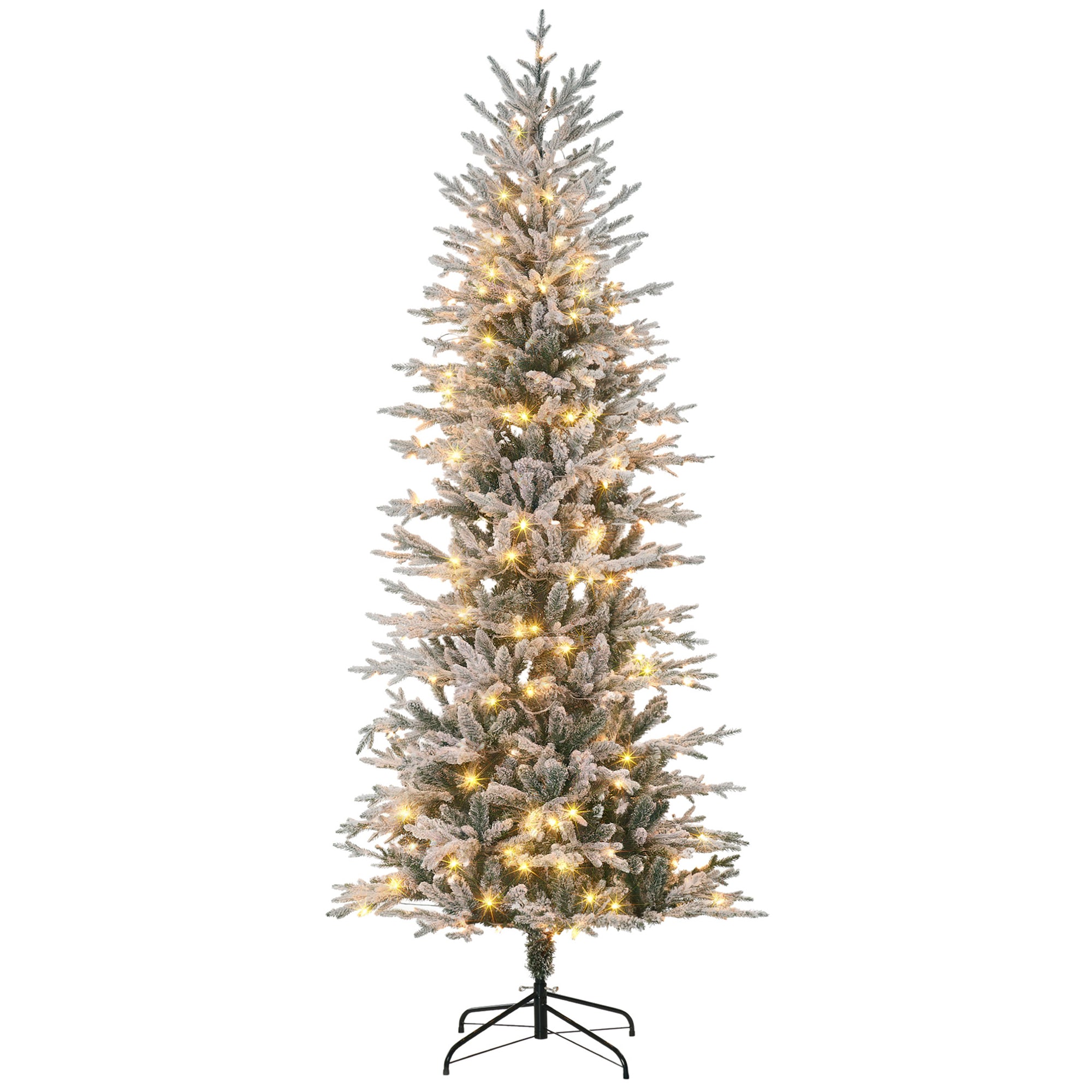 7.5ft Tall Prelit Artificial Christmas Tree Holiday Décor with 850 Snow Flocked Branches, 350 Warm Yellow Clear Lights, Auto Open, Extra Bulb