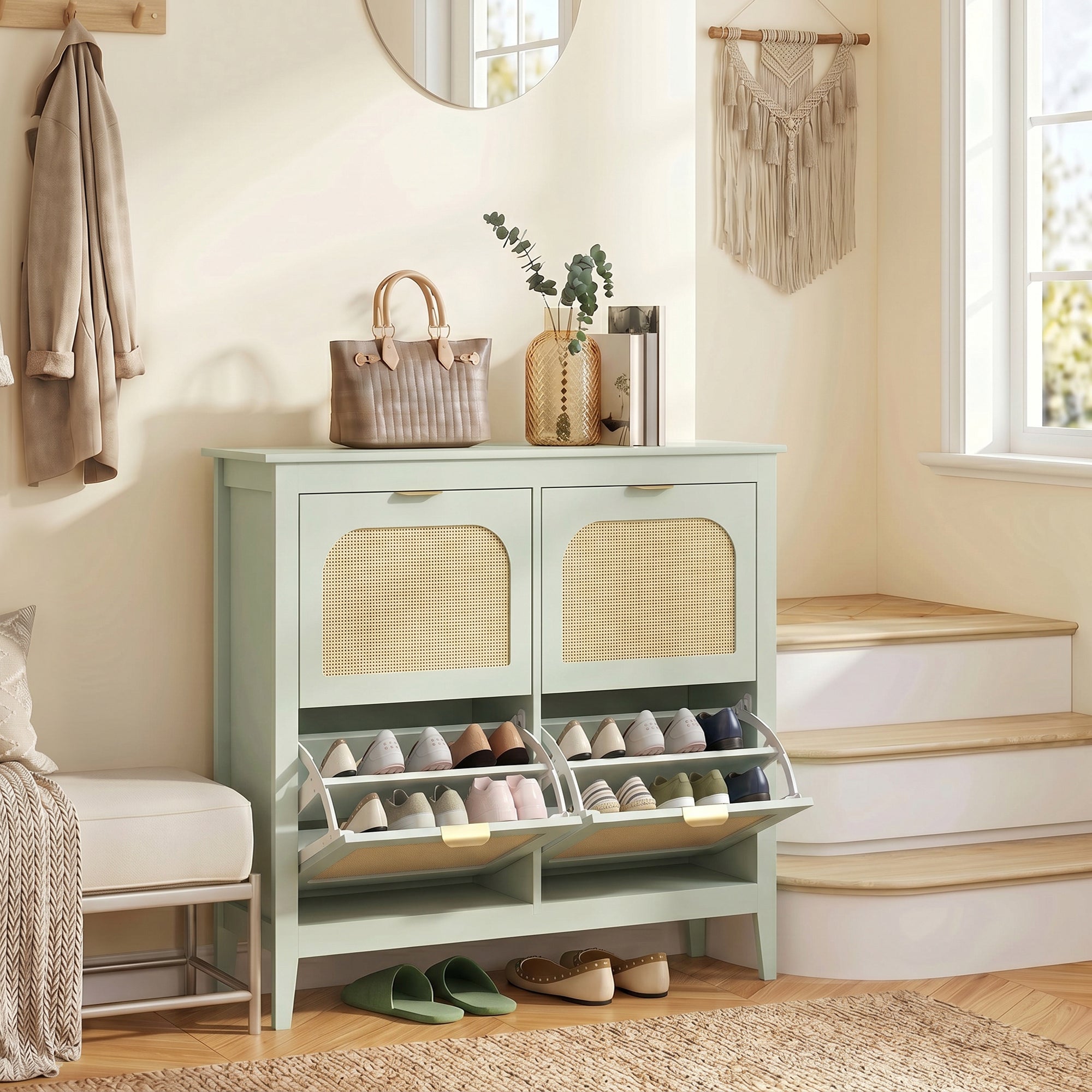 Shoe Storage Cabinet with 4 Flip Drawers, Boho Slim Shoe Cabinet with Rattan Doors for Entryway, Hallway, Holds 20 Pairs, Light Green