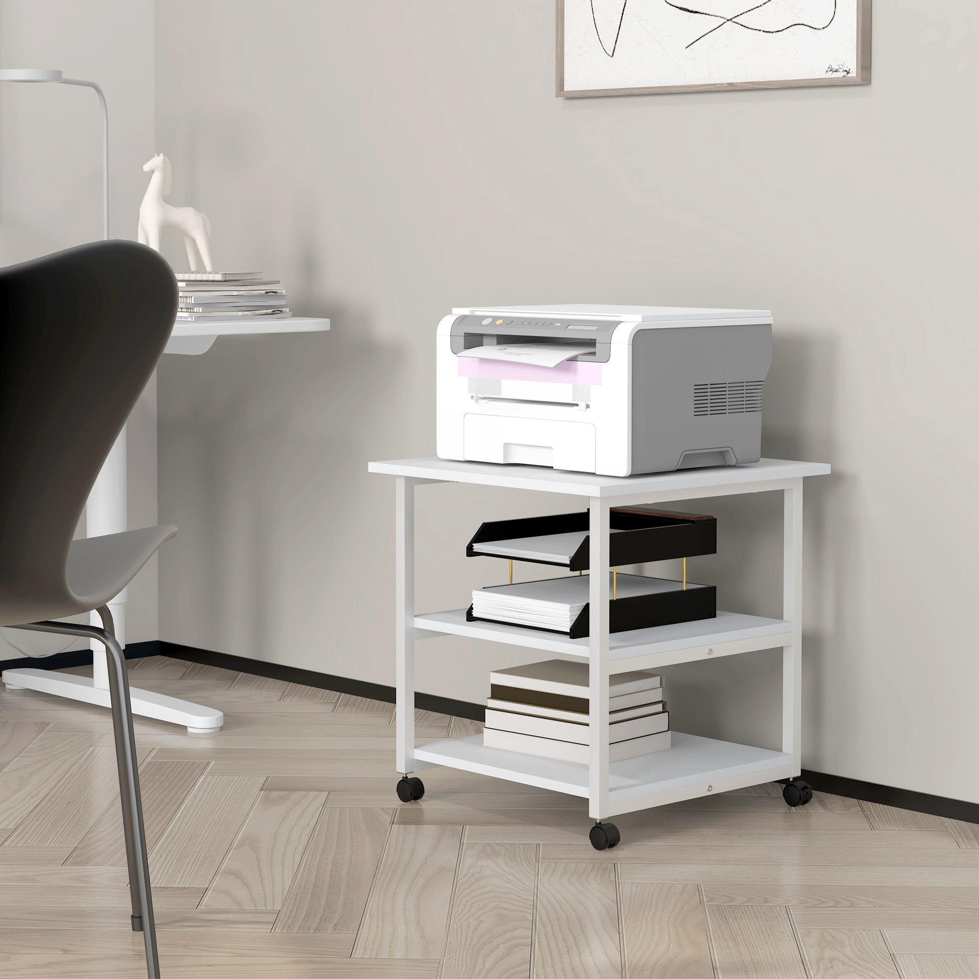 HOMCOM 3-Tier Printer Stand with Storage Shelf, Mobile Printer Table on Wheels, 50 x 50 x 52.5cm Rolling Printer Cart for Home Office, White