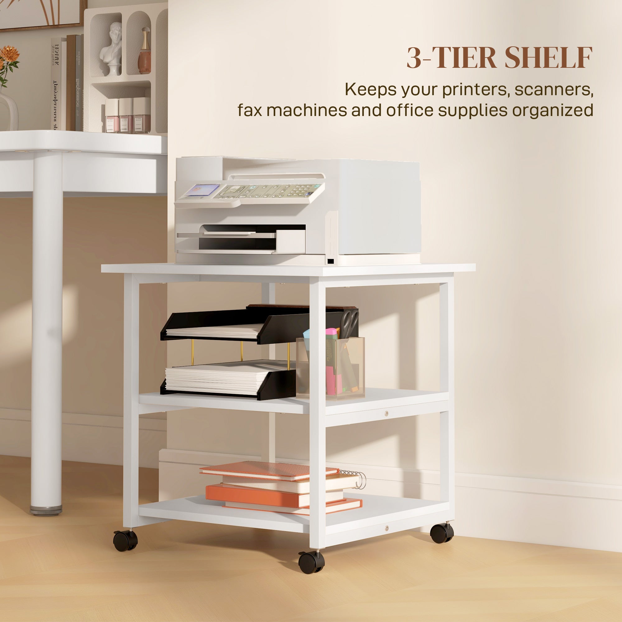HOMCOM 3-Tier Printer Stand with Storage Shelf, Mobile Printer Table on Wheels, 50 x 50 x 52.5cm Rolling Printer Cart for Home Office, White