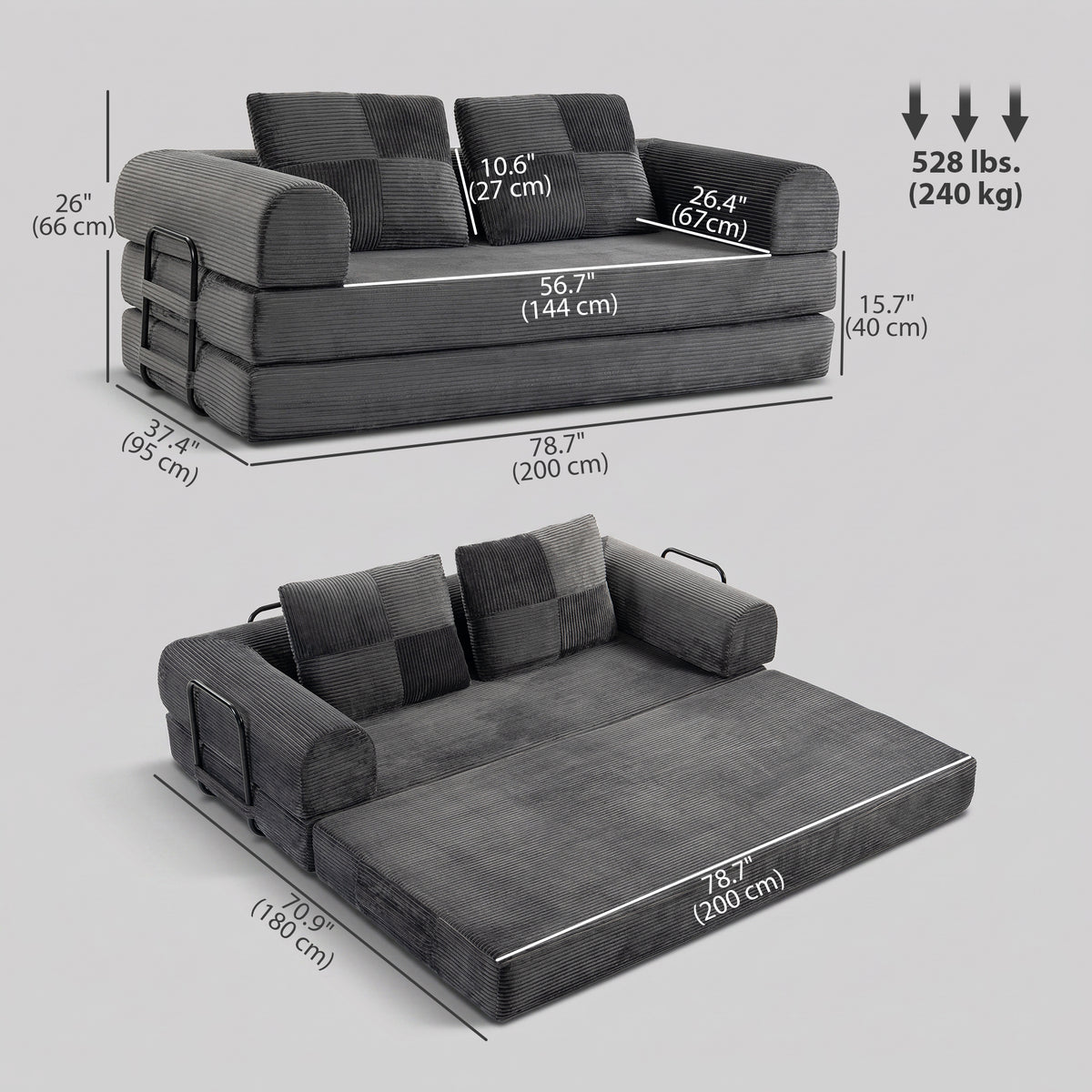 5-in-1 Convertible Sofa Bed, 78.7" Folding Boneless Futon Couch with Fixed-Shape Frame & 2 Pillows, Floor Sofa Loveseat Sleeper for Living Room, Bedroom, Dark Grey