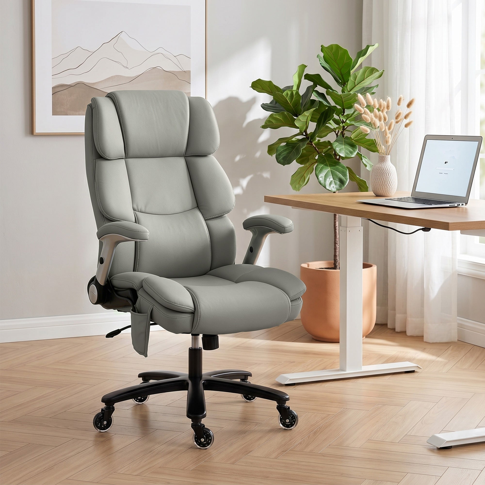 Heavy Duty Office Chair 400LBS with Airbag Lumbar Support, Pet-Friendly Fabric, Big and Tall Desk Chair with Flip-Up Armrests, Pocket Springs, Class 4 Gas Cylinder, Wide Seat, Light Gray