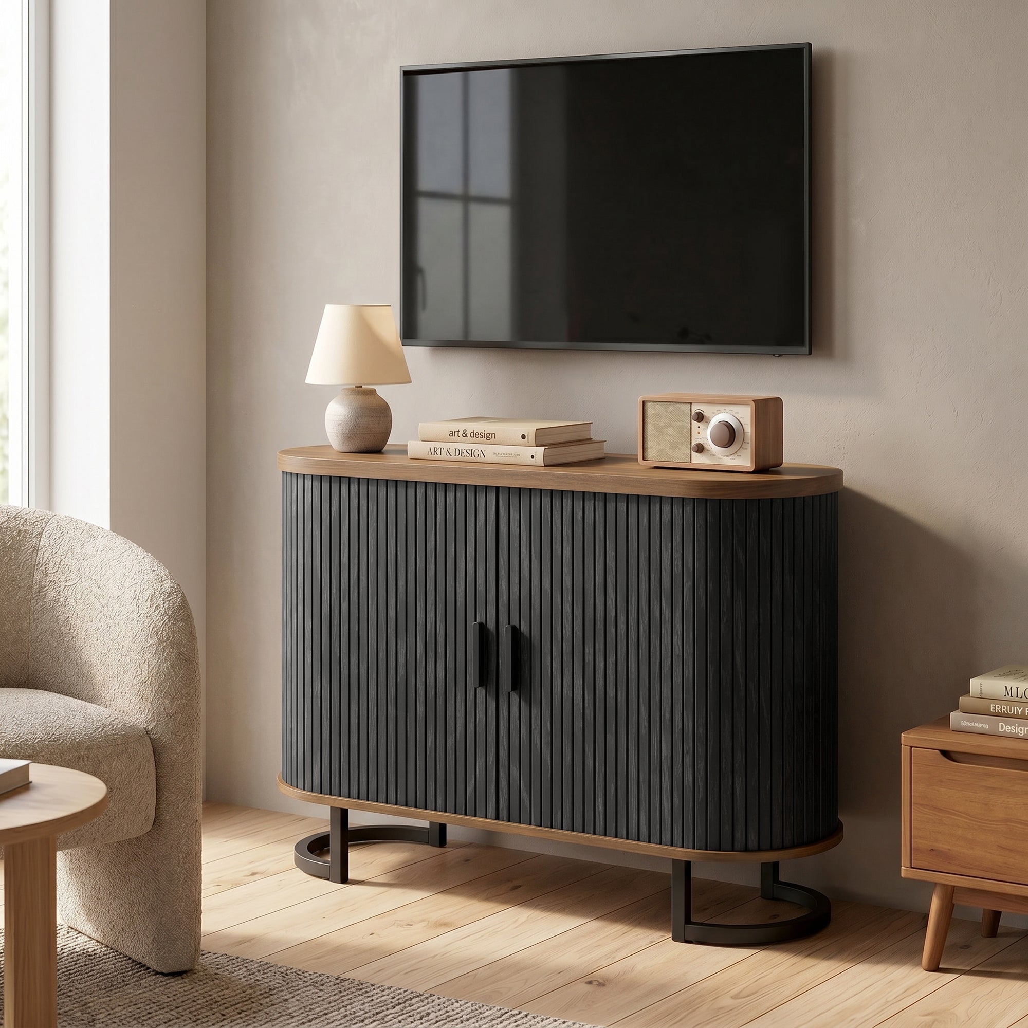 Sideboard Buffet Cabinet with Curved Tambour Doors and Thick Tabletop, 39.4" Coffee Bar Cabinet with Arc Metal Legs, Coffee Bar Station, Brown Wood Grain and Black