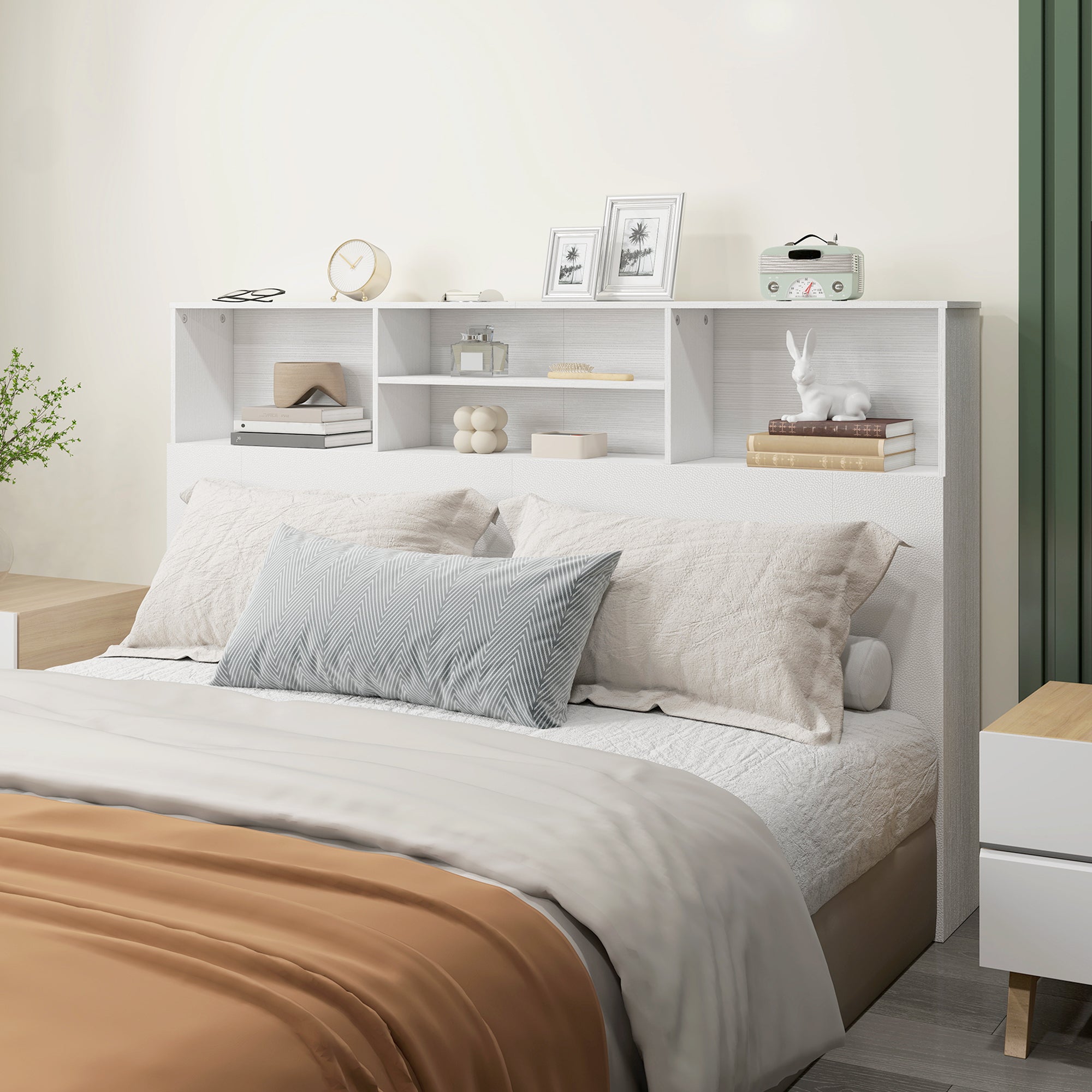 5ft King Size Headboard with Storage, Freestanding Bed Headboard with 4 Open Compartments for Bedroom, 160 x 20.2 x 108.2 cm, White