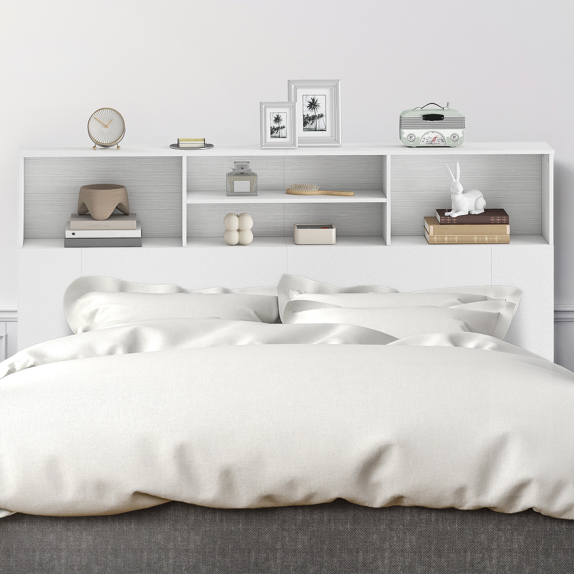 5ft King Size Headboard with Storage, Freestanding Bed Headboard with 4 Open Compartments for Bedroom, 160 x 20.2 x 108.2 cm, White