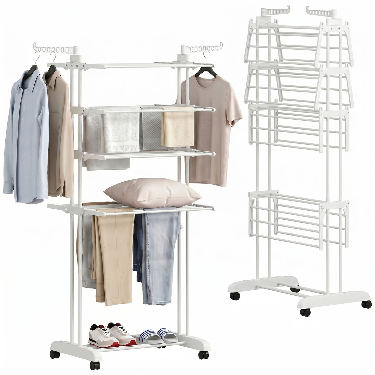 5-Tier Adjustable Clothes Drying Rack, Foldable Laundry Drying Rack with Wheels, Side Wings, Clothes Hanger for Indoor Outdoor Use, 28.7" x 25.2" x 67.7", White