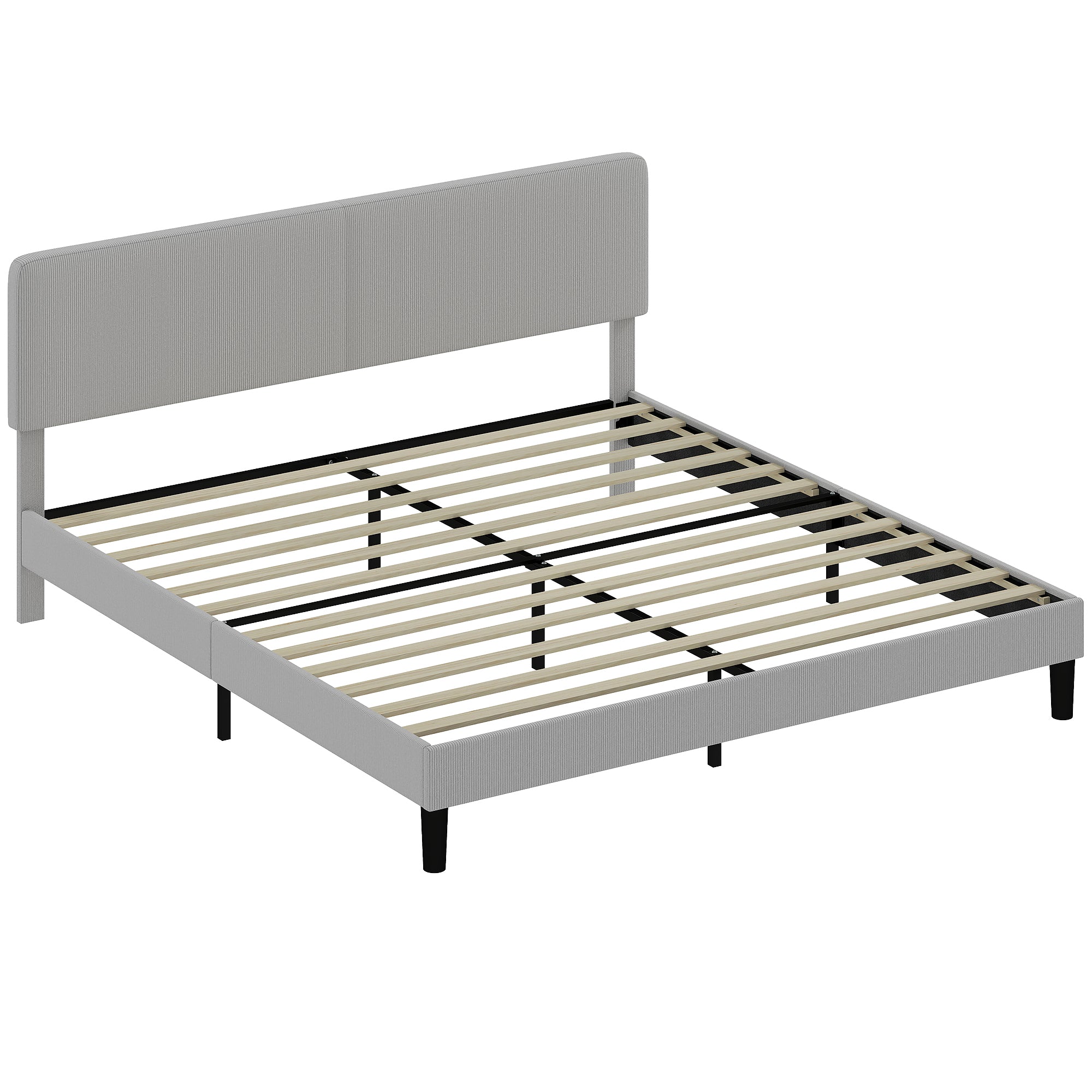 King Bed Frame with Adjustable Headboard, Corduroy Upholstered Platform Bed Frame, Wood Slat Support, Noise Free, No Box Spring Needed, Easy Assembly, Light Grey
