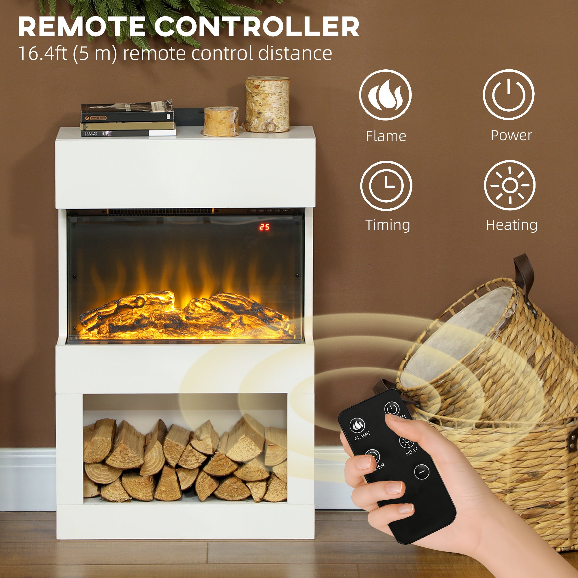 19" Electric Fireplace with Surround, 3D Flame Effect, 6 Colours & 3 Brightness Levels, 1000W/2000W White Electric Fire and Mantel Reach up to 30㎡ Space with Remote & Timer, 3 Sided View