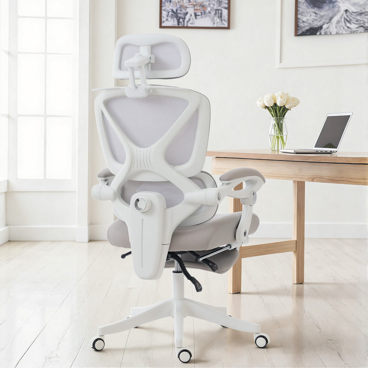 Ergonomic Office Chair, Mesh Computer Desk Chair with Adjustable Headrest and Height, Lumbar Support, High Back, Reclining Function, Footrest, Light Grey