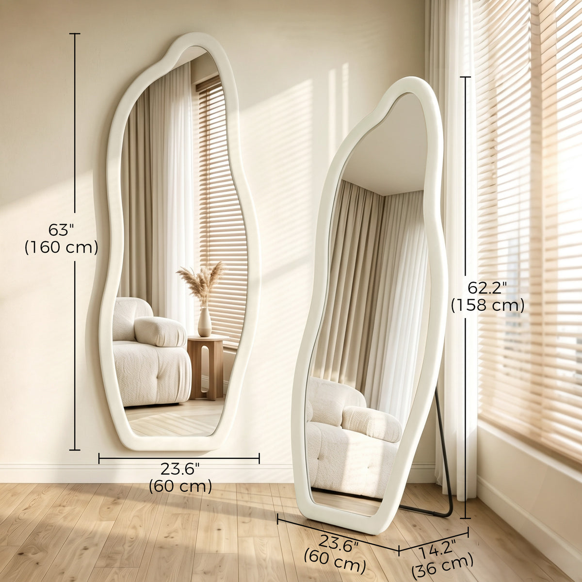 63" x 23.6" Full Length Mirror, Freestanding or Wall-Mounted Full Body Mirror with Velvet Padded Frame and Arched Top for Living Room, Bedroom, Cream White