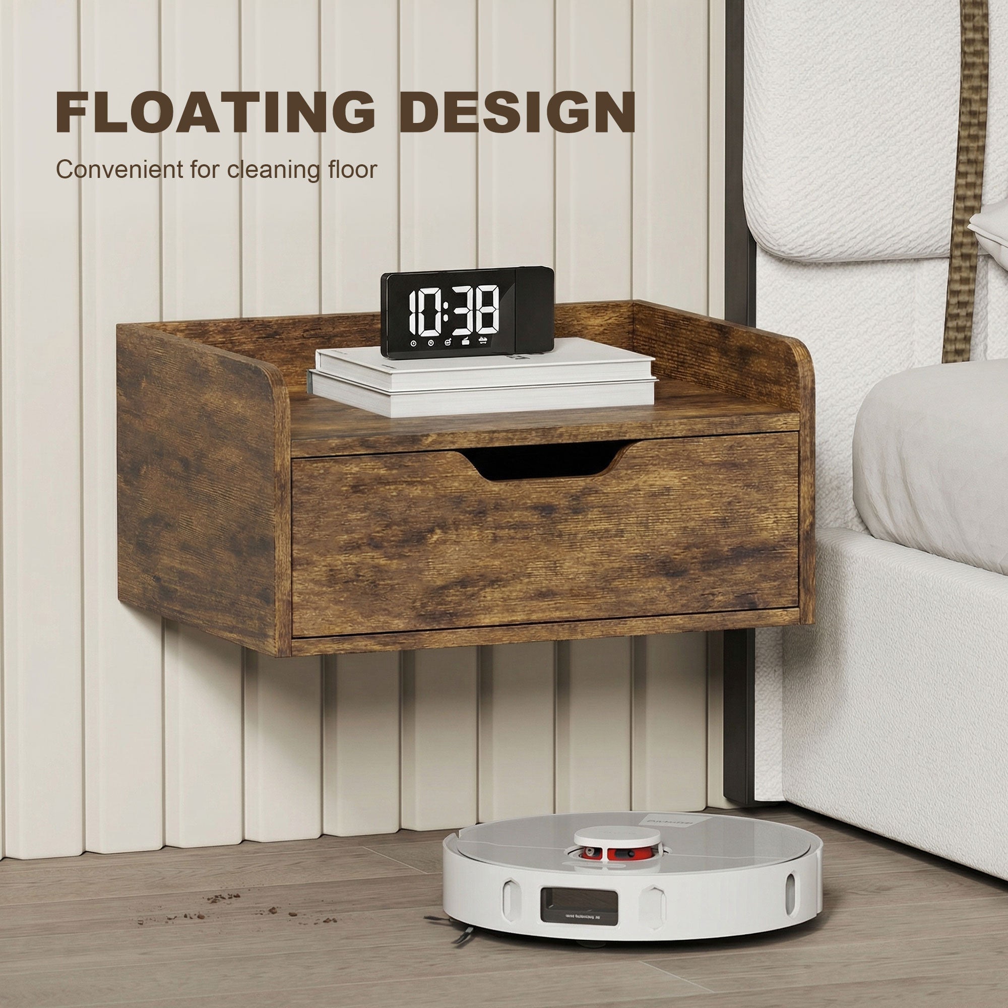 Floating Nightstands Set of 2, Wall Mounted Bedside Table with Storage Drawer for Bedroom, Rustic Brown