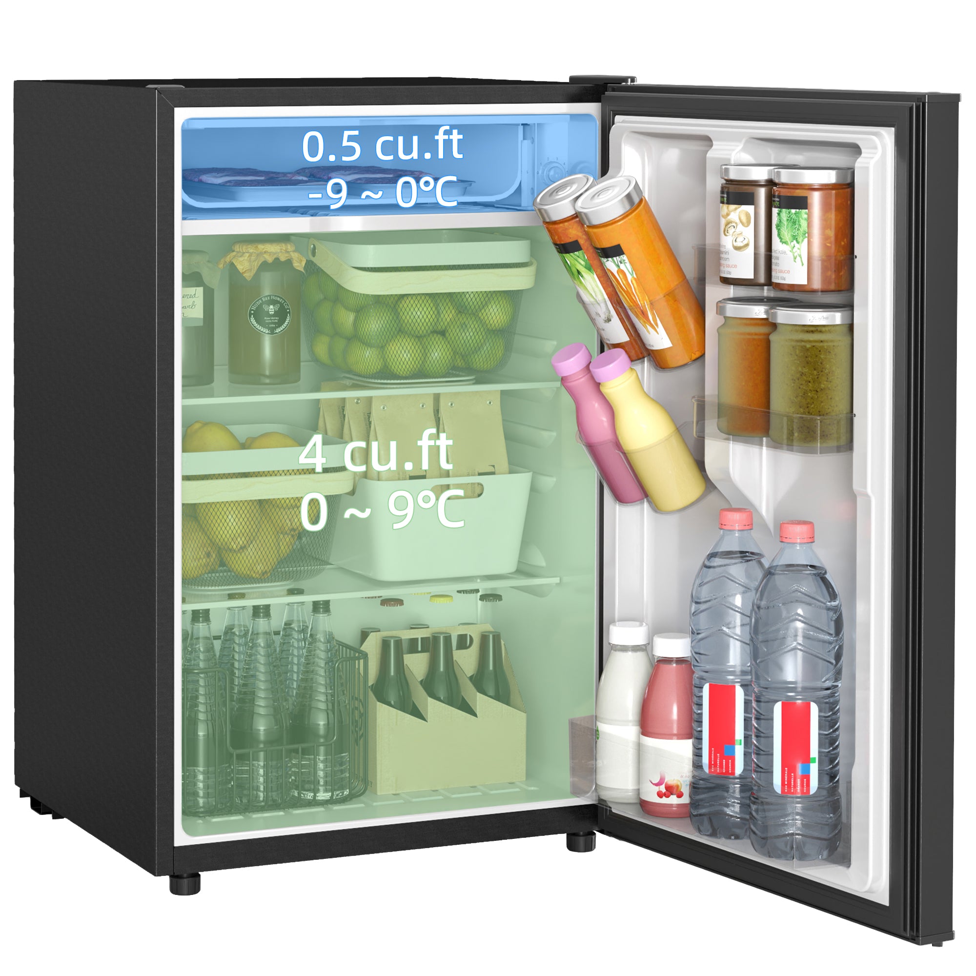 HOMCOM 4.5 Cu.Ft Mini Fridge with Freezer, Single Door Compact Refrigerator with Adjustable Thermostat, Reversible Door, Mini Refrigerator for Bedroom, Dorm, Home Office, Energy Efficient, Black