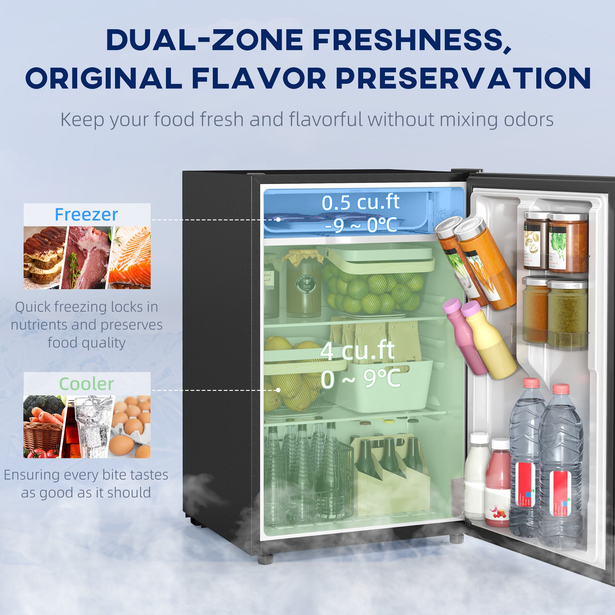 HOMCOM 4.5 Cu.Ft Mini Fridge with Freezer, Single Door Compact Refrigerator with Adjustable Thermostat, Reversible Door, Mini Refrigerator for Bedroom, Dorm, Home Office, Energy Efficient, Black