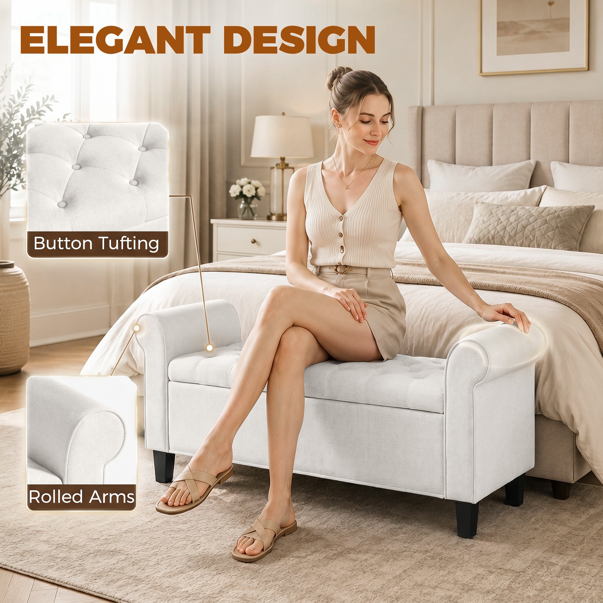 47" Storage Ottoman Bench, Tufted Long Ottoman with Storage Chest, Rolled Arms, Safety Hinge, Wooden Legs, Upholstered End of Bed Bench, 528 lbs for Bedroom, Entryway, Living Room, Cream White
