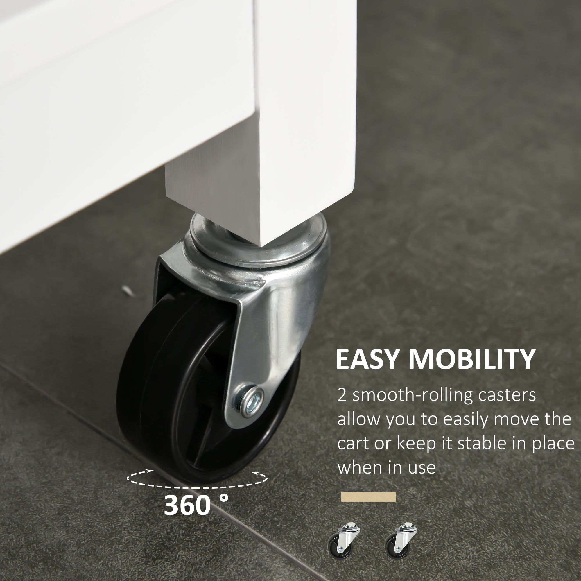 HOMCOM Rolling Kitchen Island, Kitchen Cart on Wheels with Rubber Wood Top, Towel Rack, Cabinets, Drawers for Dining Room, White