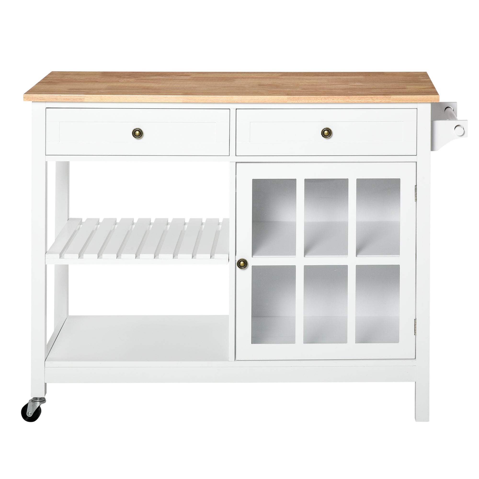 HOMCOM Rolling Kitchen Island, Kitchen Cart on Wheels with Rubber Wood Top, Towel Rack, Cabinets, Drawers for Dining Room, White